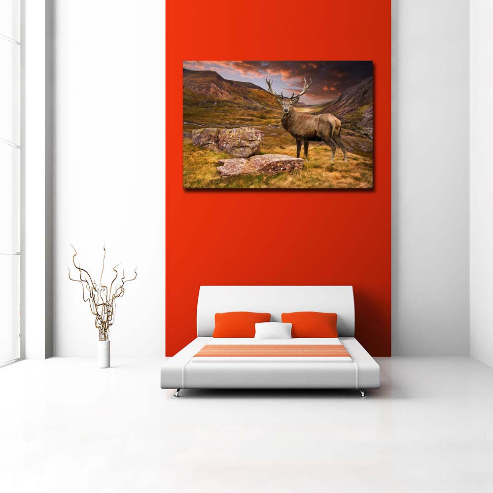 ArtzFolio Sunset Over Mountain Range Red Deer Stag Canvas Painting