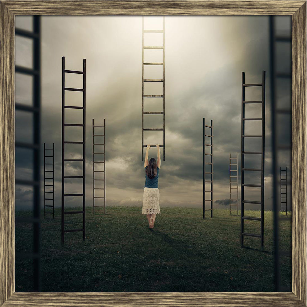 ArtzFolio Surreal Image of a Woman Climbing a Ladder Canvas Painting-Paintings Wooden Framing-AZ5006174ART_FR_RF_R-0-Image Code 5006174 Vishnu Image Folio Pvt Ltd, IC 5006174, ArtzFolio, Paintings Wooden Framing, Conceptual, Figurative, Photography, surreal, image, of, a, woman, climbing, ladder, canvas, painting, framed, print, wall, for, living, room, with, frame, poster, pitaara, box, large, size, drawing, art, split, big, office, reception, kids, panel, designer, decorative, amazonbasics, reprint, small
