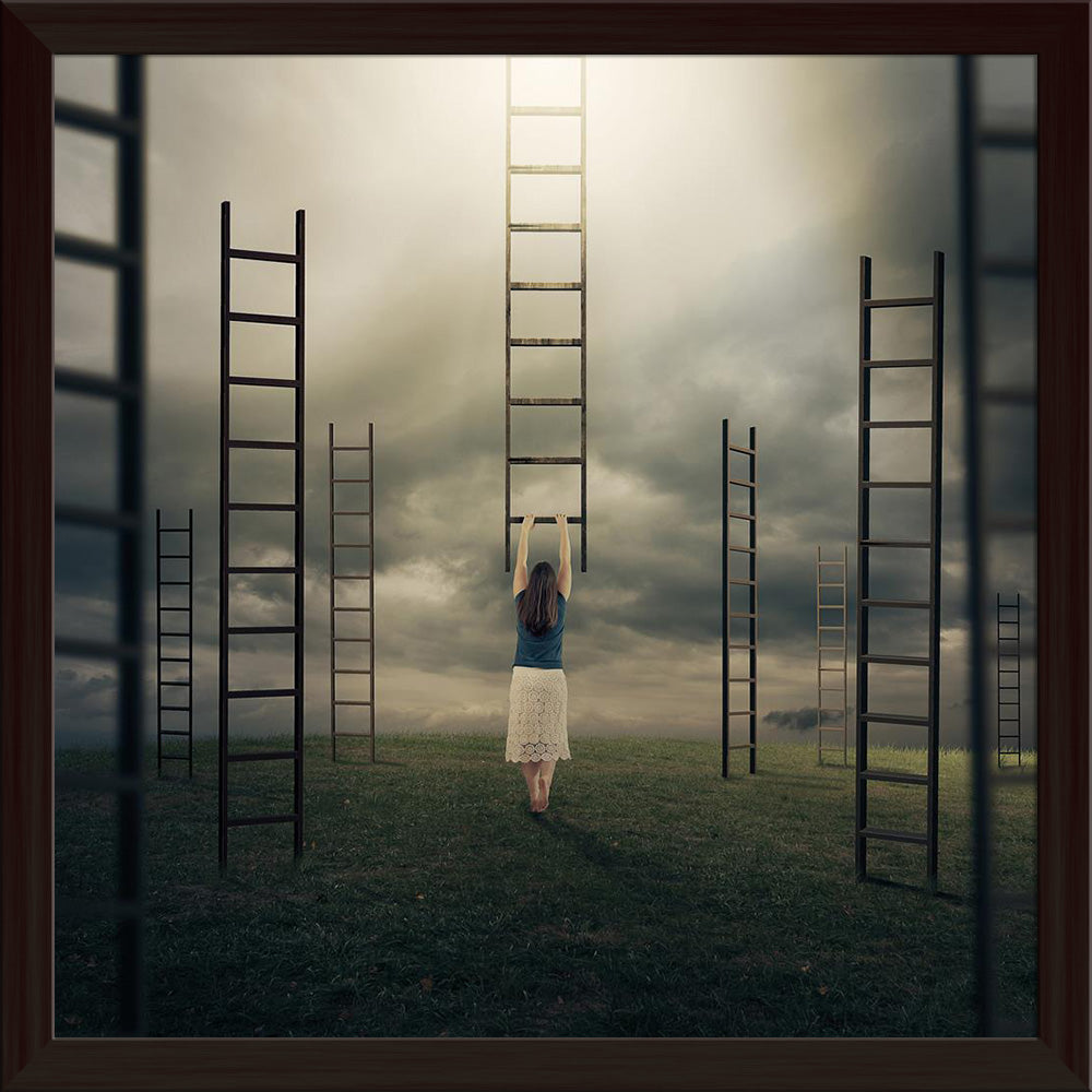 ArtzFolio Surreal Image of a Woman Climbing a Ladder Canvas Painting Synthetic Frame-Paintings Synthetic Framing-AZ5006174ART_FR_RF_R-0-Image Code 5006174 Vishnu Image Folio Pvt Ltd, IC 5006174, ArtzFolio, Paintings Synthetic Framing, Conceptual, Figurative, Photography, surreal, image, of, a, woman, climbing, ladder, canvas, painting, synthetic, frame, framed, print, wall, for, living, room, with, poster, pitaara, box, large, size, drawing, art, split, big, office, reception, kids, panel, designer, decorat