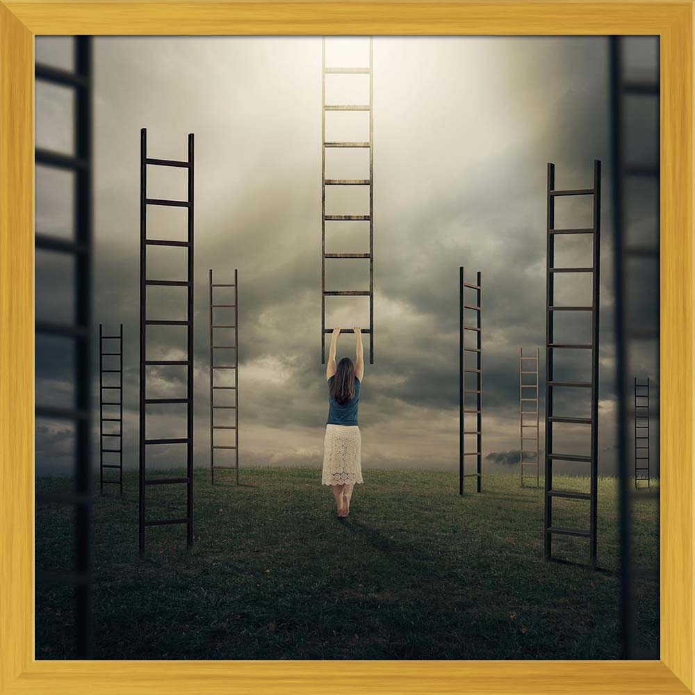 ArtzFolio Surreal Image of a Woman Climbing a Ladder Canvas Painting Synthetic Frame-Paintings Synthetic Framing-AZ5006174ART_FR_RF_R-0-Image Code 5006174 Vishnu Image Folio Pvt Ltd, IC 5006174, ArtzFolio, Paintings Synthetic Framing, Conceptual, Figurative, Photography, surreal, image, of, a, woman, climbing, ladder, canvas, painting, synthetic, frame, framed, print, wall, for, living, room, with, poster, pitaara, box, large, size, drawing, art, split, big, office, reception, kids, panel, designer, decorat