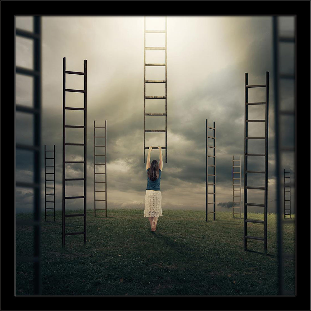 Surreal Image of a Woman Climbing a Ladder Painting Poster Frame-Regular Art Framed-REG_FR-IC 5006174 IC 5006174, Abstract Expressionism, Abstracts, Semi Abstract, Surrealism, surreal, image, of, a, woman, climbing, ladder, painting, poster, frame, abstract, climb, dark, evening, female, field, girl, grass, heaven, meadow, night, scary, sky, tall, teen, artzfolio, wall decor for living room, wall frames for living room, frames for living room, wall art, canvas painting, wall frame, scenery, panting, paintin