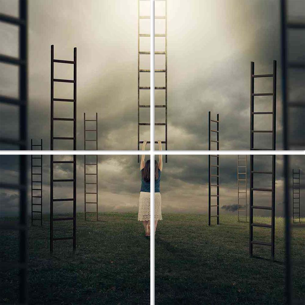 ArtzFolio Surreal Image of a Woman Climbing a Ladder Split Art Painting Panel on Sunboard-Split Art Panels-AZ5006174SPL_FR_RF_R-0-Image Code 5006174 Vishnu Image Folio Pvt Ltd, IC 5006174, ArtzFolio, Split Art Panels, Conceptual, Figurative, Photography, surreal, image, of, a, woman, climbing, ladder, split, art, painting, panel, on, sunboard, framed, canvas, print, wall, for, living, room, with, frame, poster, pitaara, box, large, size, drawing, big, office, reception, kids, designer, decorative, amazonbas
