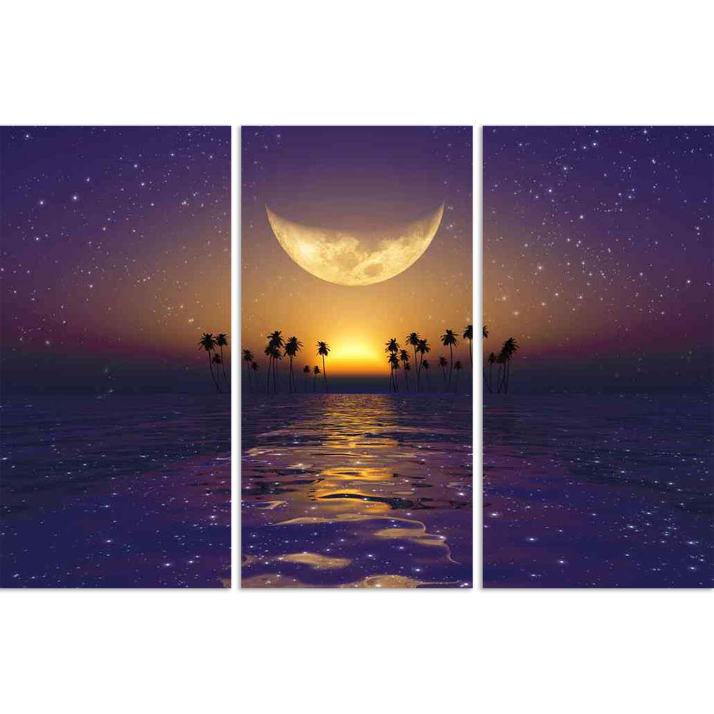 ArtzFolio Big Yellow Moon Over Purple Sunset At Tropical Sea Split Art Painting Panel on Sunboard-Split Art Panels-AZ5006345SPL_FR_RF_R-0-Image Code 5006345 Vishnu Image Folio Pvt Ltd, IC 5006345, ArtzFolio, Split Art Panels, Landscapes, Digital Art, big, yellow, moon, over, purple, sunset, at, tropical, sea, split, art, painting, panel, on, sunboard, framed, canvas, print, wall, for, living, room, with, frame, poster, pitaara, box, large, size, drawing, office, reception, photography, of, kids, designer, d