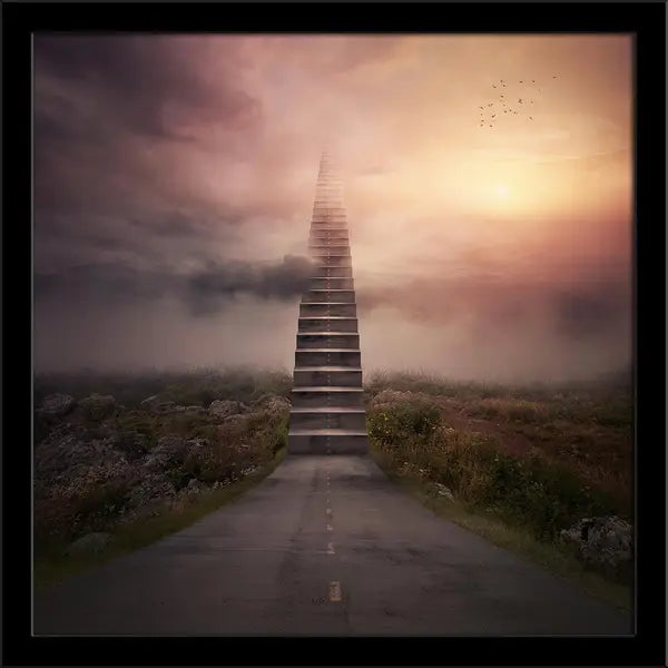 A Road Turns Into A Staircase Up To The Clouds Painting Poster Frame