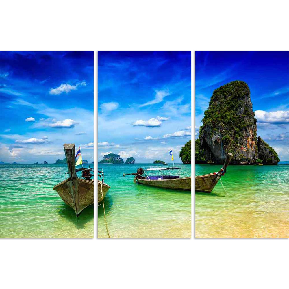 ArtzFolio Boats On Tropical Pranang Beach, Krabi, Thailand Split Art Painting Panel on Sunboard-Split Art Panels-AZ5006787SPL_FR_RF_R-0-Image Code 5006787 Vishnu Image Folio Pvt Ltd, IC 5006787, ArtzFolio, Split Art Panels, Landscapes, Places, Photography, boats, on, tropical, pranang, beach, krabi, thailand, split, art, painting, panel, sunboard, framed, canvas, print, wall, for, living, room, with, frame, poster, pitaara, box, large, size, drawing, big, office, reception, of, kids, designer, decorative, a