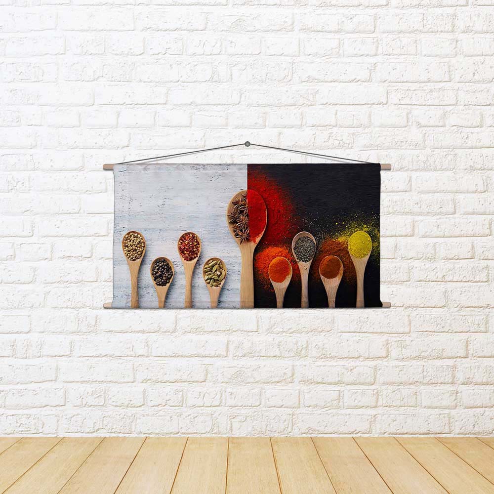 ArtzFolio Photo of Spoon Filled With Spices D1 Fabric Painting Tapestry Scroll Art Hanging-Scroll Art-AZ5006916TAP_RF_R-0-Image Code 5006916 Vishnu Image Folio Pvt Ltd, IC 5006916, ArtzFolio, Scroll Art, Food & Beverage, Photography, photo, of, spoon, filled, with, spices, d1, fabric, painting, tapestry, scroll, art, hanging, spice, coriander, black, peppercorn, pepper, chili, crushed, red, flakes, spicy, hot, star, anise, seed, cardamom, ground, powder, curry, masala, yellow, orange, color, colorful, woode