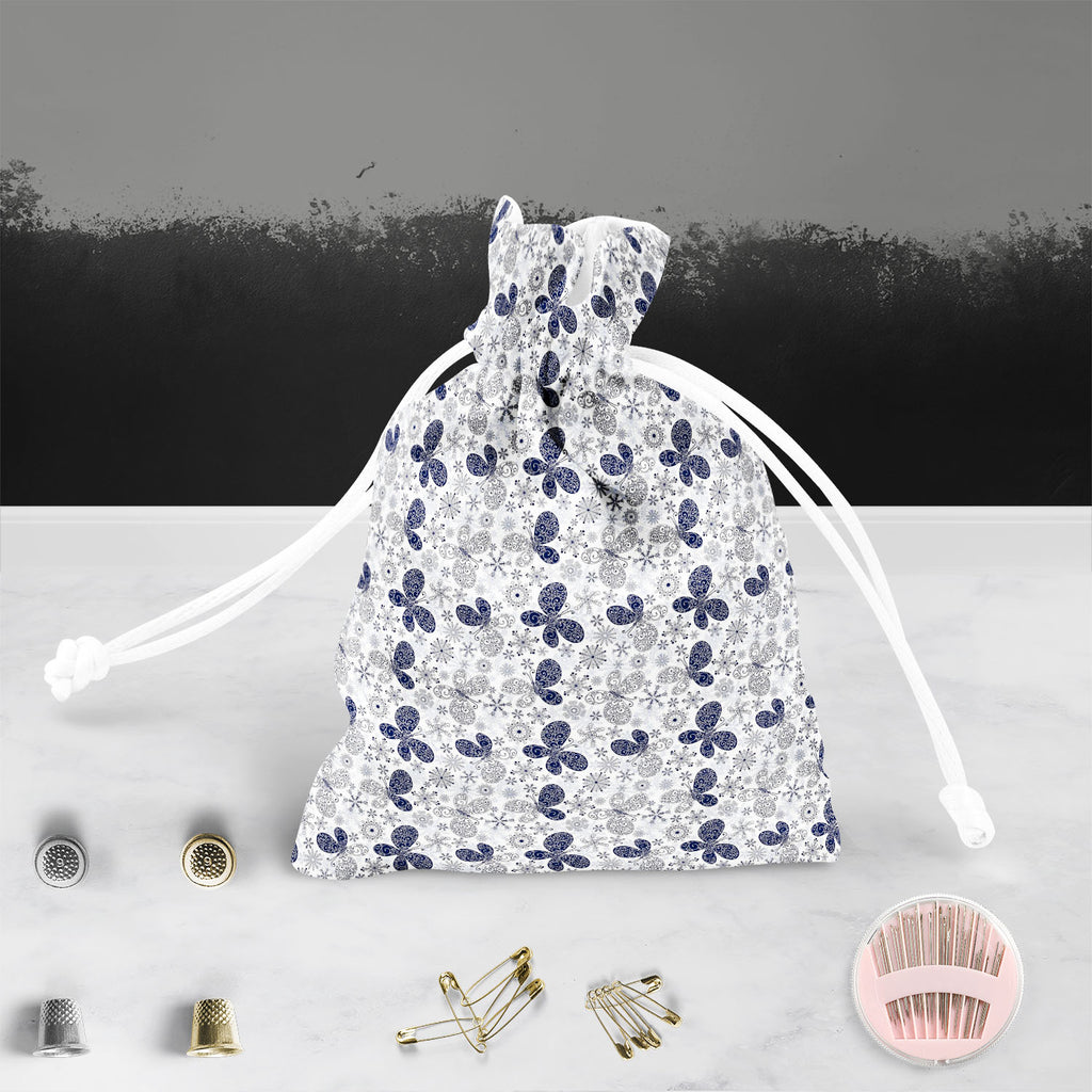 Snowflakes & Butterflies Pouch Wrist Potli Bag | Bag for Weddings & Casual Parties-Drawstring Pouches-PCH_FB_DS-IC 5007197 IC 5007197, Ancient, Black and White, Christianity, Circle, Decorative, Digital, Digital Art, Drawing, Graphic, Historical, Illustrations, Medieval, Patterns, Retro, Signs, Signs and Symbols, Symbols, Vintage, White, snowflakes, butterflies, pouch, wrist, potli, bag, for, weddings, casual, parties, wallpaper, pattern, seamless, background, blue, butterfly, christmas, crack, crossing, cr
