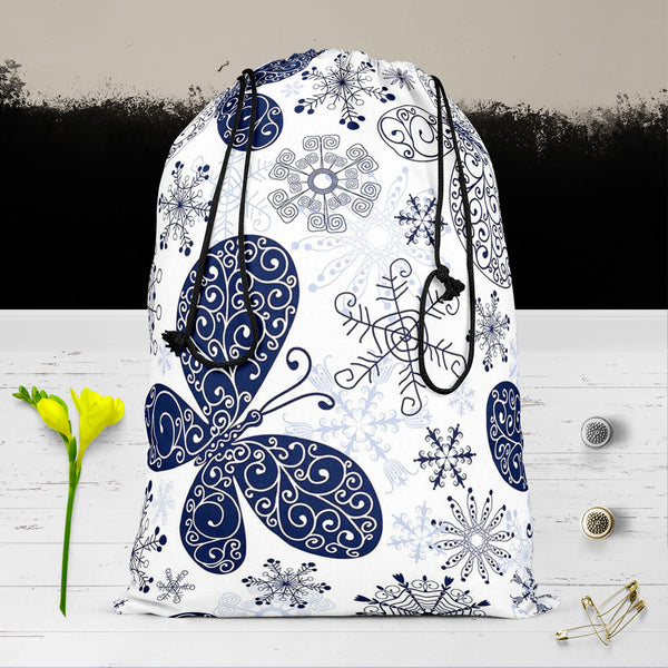 Snowflakes & Butterflies Reusable Sack Bag | Bag for Gym, Storage, Vegetable & Travel-Drawstring Sack Bags-SCK_FB_DS-IC 5007197 IC 5007197, Ancient, Black and White, Christianity, Circle, Decorative, Digital, Digital Art, Drawing, Graphic, Historical, Illustrations, Medieval, Patterns, Retro, Signs, Signs and Symbols, Symbols, Vintage, White, snowflakes, butterflies, reusable, sack, bag, for, gym, storage, vegetable, travel, cotton, canvas, fabric, wallpaper, pattern, seamless, background, blue, butterfly, 