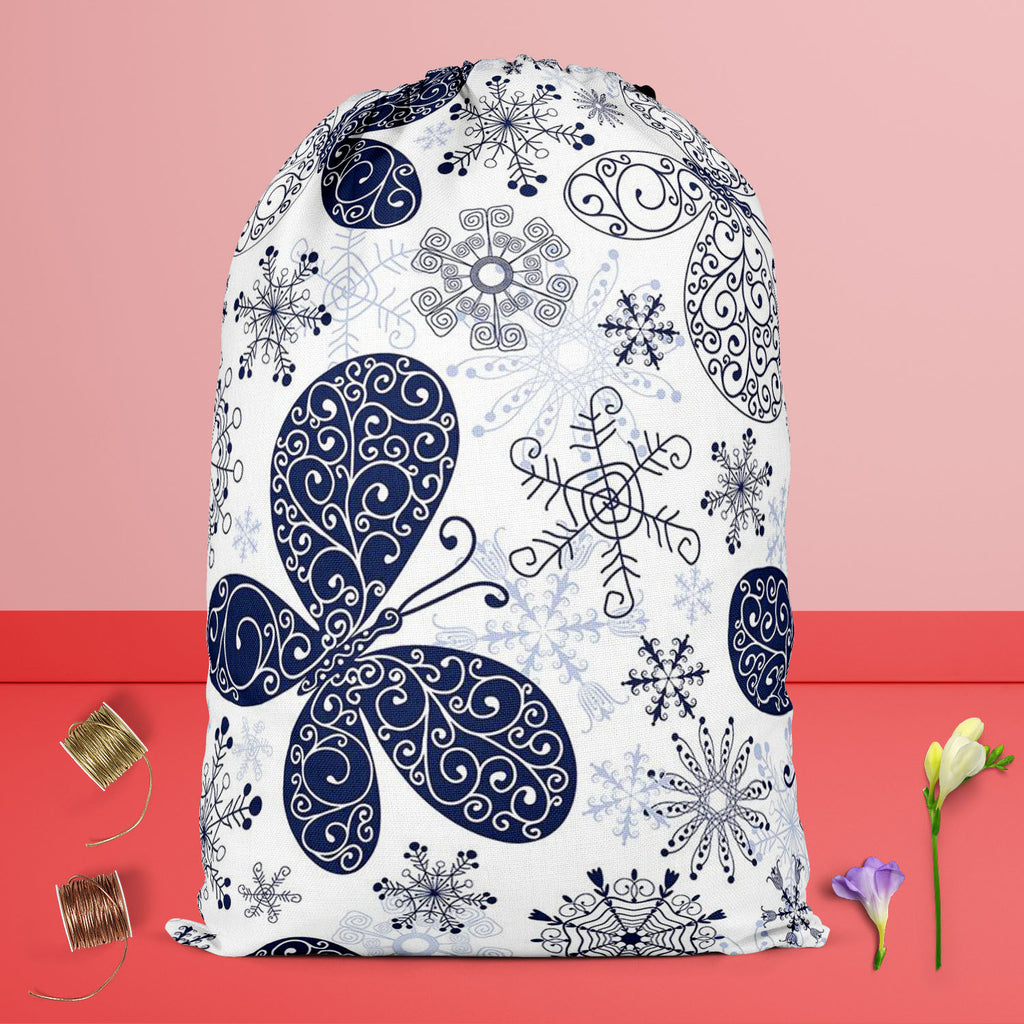 Snowflakes & Butterflies Reusable Sack Bag | Bag for Gym, Storage, Vegetable & Travel-Drawstring Sack Bags-SCK_FB_DS-IC 5007197 IC 5007197, Ancient, Black and White, Christianity, Circle, Decorative, Digital, Digital Art, Drawing, Graphic, Historical, Illustrations, Medieval, Patterns, Retro, Signs, Signs and Symbols, Symbols, Vintage, White, snowflakes, butterflies, reusable, sack, bag, for, gym, storage, vegetable, travel, wallpaper, pattern, seamless, background, blue, butterfly, christmas, crack, crossi