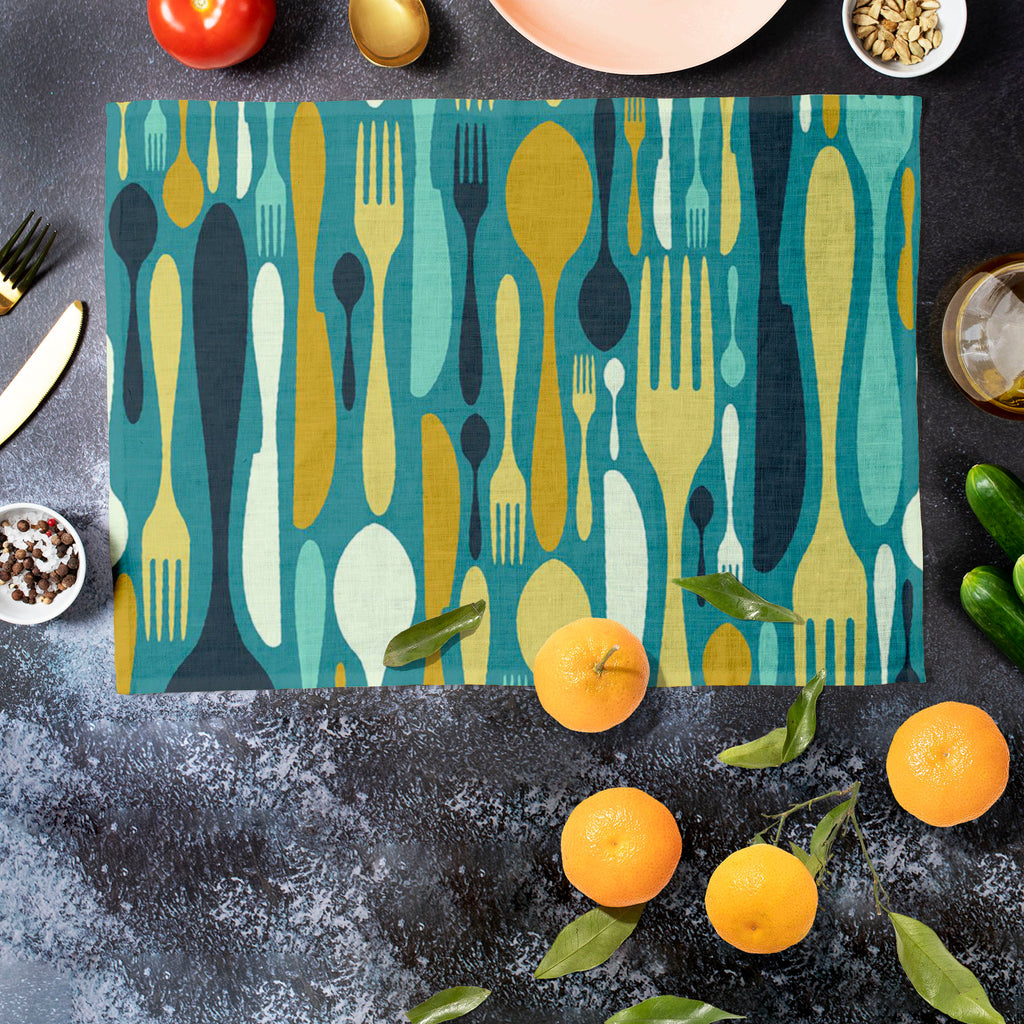 Cutlery Table Mat Placemat-Table Place Mats Fabric-MAT_TB-IC 5007224 IC 5007224, Abstract Expressionism, Abstracts, Beverage, Cuisine, Food, Food and Beverage, Food and Drink, Icons, Illustrations, Kitchen, Patterns, Semi Abstract, Signs and Symbols, Symbols, cutlery, table, mat, placemat, abstract, background, bistro, blue, cafe, card, celebrate, celebration, collection, cook, cooking, decoration, dining, dinner, eat, equipment, fork, gift, gourmet, greeting, icon, illustration, invitation, knife, lunch, m
