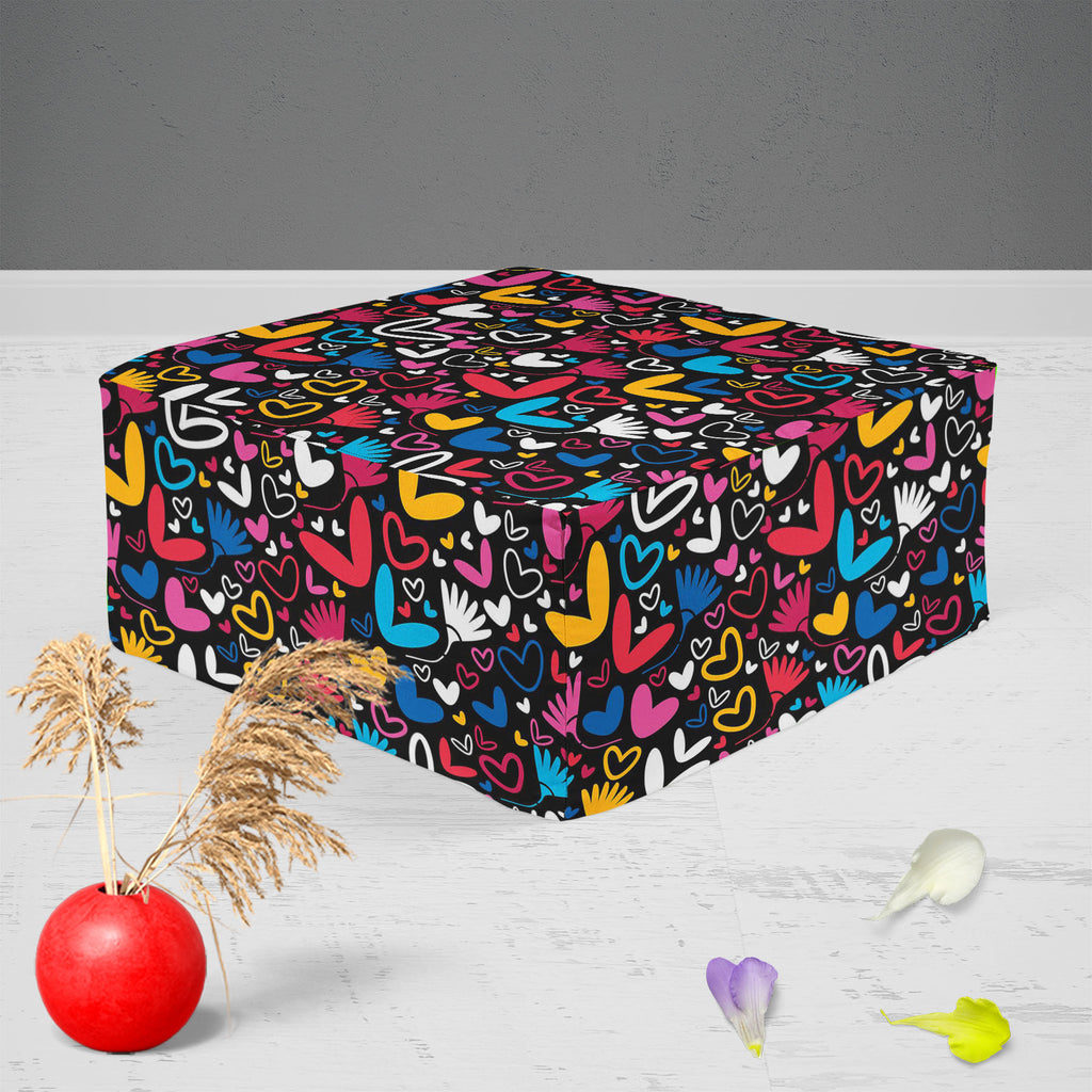 Hearts & Flowers Footstool Footrest Puffy Pouffe Ottoman Bean Bag | Canvas Fabric-Footstools-FST_CB_BN-IC 5007235 IC 5007235, Abstract Expressionism, Abstracts, Art and Paintings, Black and White, Botanical, Decorative, Digital, Digital Art, Drawing, Floral, Flowers, Graphic, Hearts, Holidays, Illustrations, Love, Nature, Paintings, Patterns, Romance, Semi Abstract, Signs, Signs and Symbols, Symbols, White, footstool, footrest, puffy, pouffe, ottoman, bean, bag, canvas, fabric, pattern, abstract, amour, art