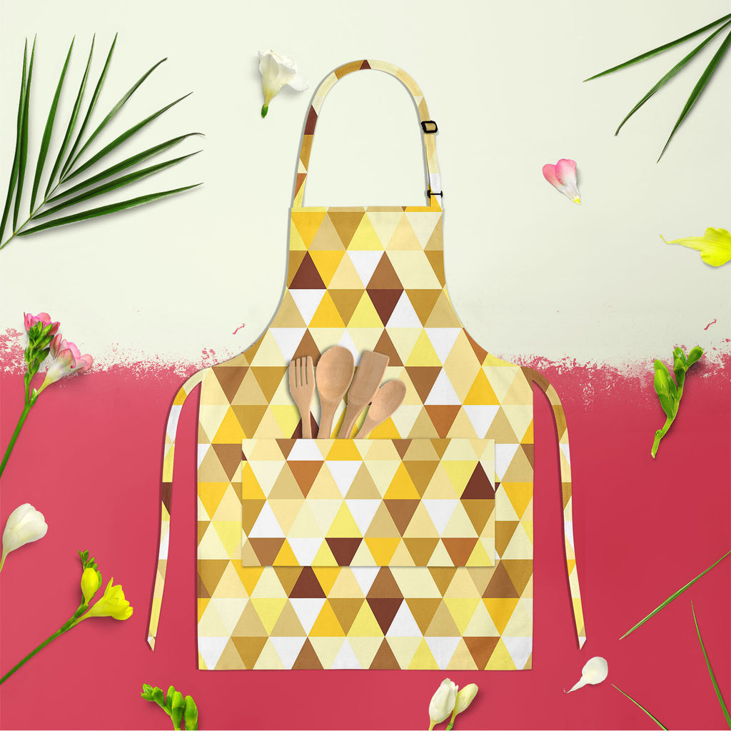 Gold Triangle Apron | Adjustable, Free Size & Waist Tiebacks-Aprons Neck to Knee-APR_NK_KN-IC 5007242 IC 5007242, Abstract Expressionism, Abstracts, Art and Paintings, Diamond, Fashion, Geometric, Geometric Abstraction, Illustrations, Modern Art, Patterns, Retro, Semi Abstract, Signs, Signs and Symbols, Symbols, Triangles, gold, triangle, apron, adjustable, free, size, waist, tiebacks, pattern, abstract, art, backdrop, background, beauty, bright, calmness, decor, decoration, design, element, fabric, funky, 