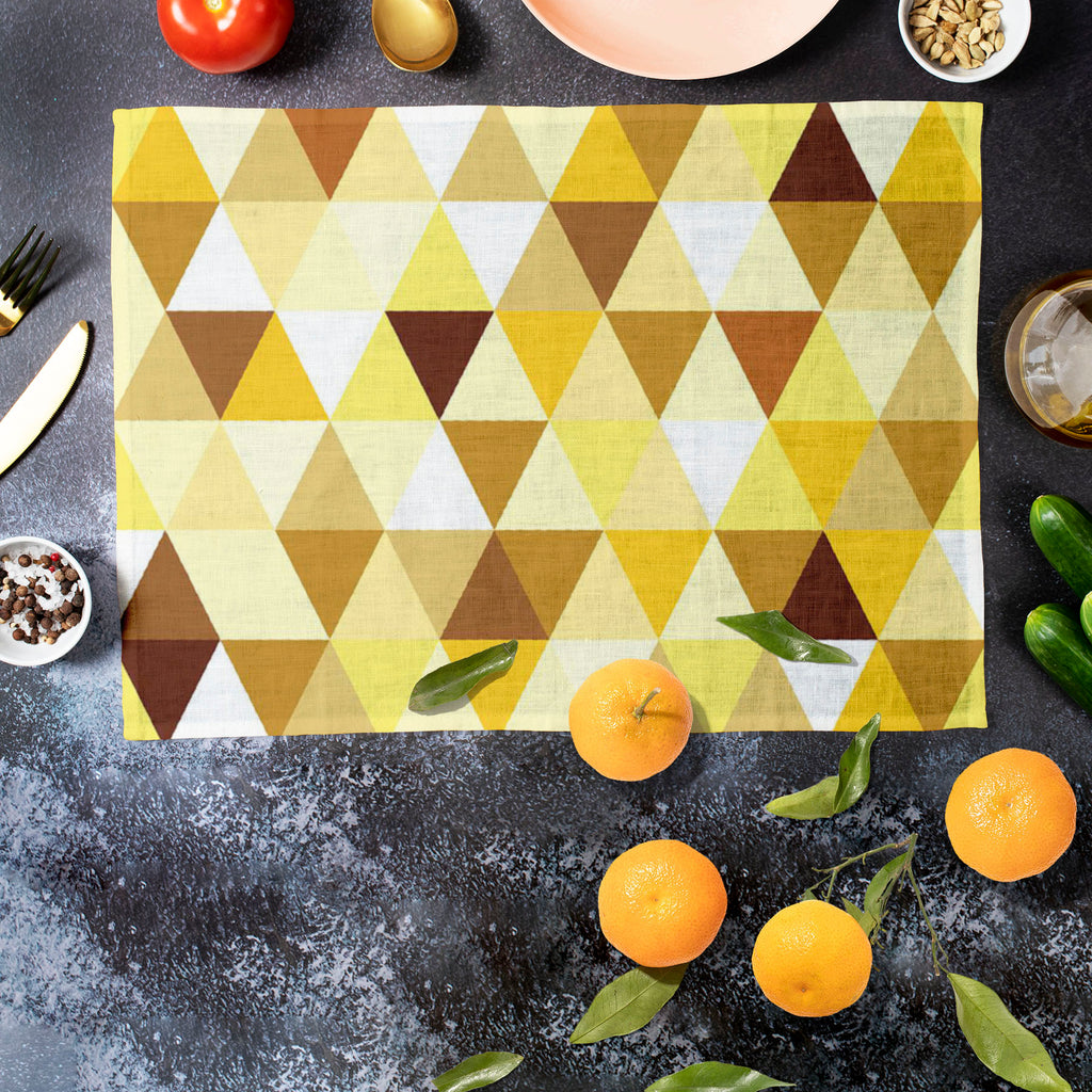 Gold Triangle Table Mat Placemat-Table Place Mats Fabric-MAT_TB-IC 5007242 IC 5007242, Abstract Expressionism, Abstracts, Art and Paintings, Diamond, Fashion, Geometric, Geometric Abstraction, Illustrations, Modern Art, Patterns, Retro, Semi Abstract, Signs, Signs and Symbols, Symbols, Triangles, gold, triangle, table, mat, placemat, pattern, abstract, art, backdrop, background, beauty, bright, calmness, decor, decoration, design, element, fabric, funky, happy, illustration, modern, ornament, ornate, repeti