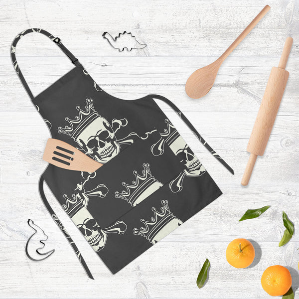 Crown Skull Apron | Adjustable, Free Size & Waist Tiebacks-Aprons Neck to Knee-APR_NK_KN-IC 5007279 IC 5007279, Ancient, Animated Cartoons, Art and Paintings, Black, Black and White, Caricature, Cartoons, Fashion, Historical, Icons, Illustrations, Love, Medieval, Patterns, Romance, Signs, Signs and Symbols, Symbols, Vintage, crown, skull, full-length, neck, to, knee, apron, poly-cotton, fabric, adjustable, buckle, waist, tiebacks, pattern, seamless, skulls, calavera, with, art, backgrounds, bone, cartoon, c