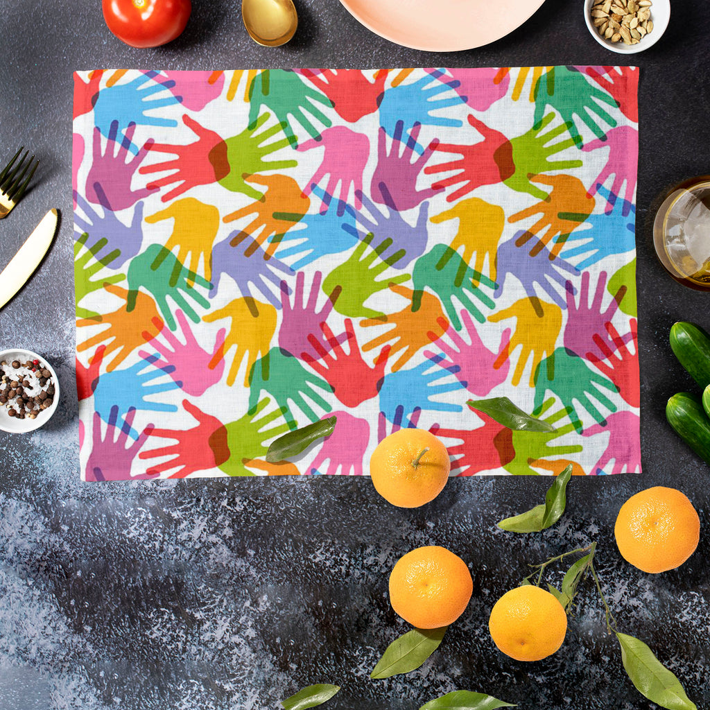 Handprint Table Mat Placemat-Table Place Mats Fabric-MAT_TB-IC 5007280 IC 5007280, Abstract Expressionism, Abstracts, Baby, Black and White, Business, Children, Kids, Patterns, People, Retro, Semi Abstract, Signs, Signs and Symbols, Symbols, White, handprint, table, mat, placemat, abstract, background, child, collection, color, colorful, concept, cooperation, design, dirty, finger, fingerprint, freedom, group, hand, print, handshake, human, imprint, ink, isolated, multicolored, painted, palm, paper, partner