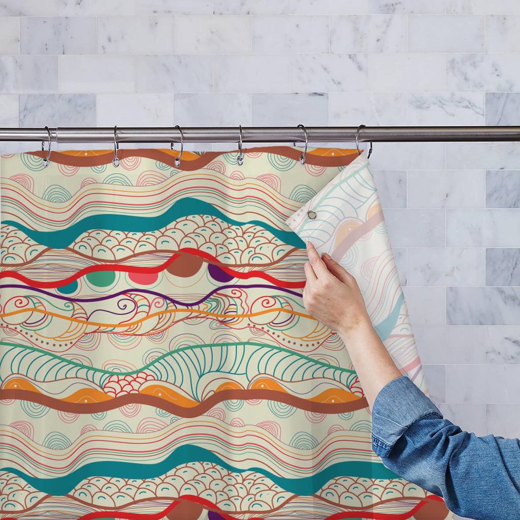 Waves Drawing Washable Waterproof Shower Curtain-Shower Curtains-CUR_SH-IC 5007323 IC 5007323, Abstract Expressionism, Abstracts, Ancient, Art and Paintings, Black and White, Culture, Decorative, Drawing, Ethnic, Fantasy, Fashion, Folk Art, Geometric, Geometric Abstraction, Historical, Illustrations, Medieval, Patterns, Semi Abstract, Signs, Signs and Symbols, Traditional, Tribal, Vintage, White, World Culture, waves, washable, waterproof, shower, curtain, abstract, abstraction, art, artistic, backdrop, bac