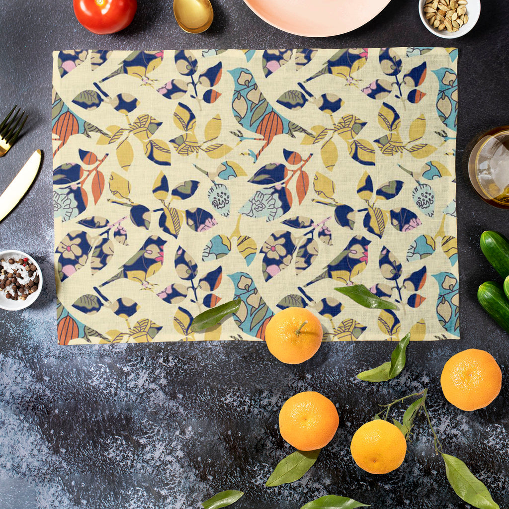 Chirping Birds Table Mat Placemat-Table Place Mats Fabric-MAT_TB-IC 5007356 IC 5007356, Abstract Expressionism, Abstracts, Ancient, Art and Paintings, Asian, Birds, Botanical, Decorative, Drawing, Floral, Flowers, Historical, Illustrations, Japanese, Medieval, Modern Art, Nature, Patterns, Retro, Seasons, Semi Abstract, Signs, Signs and Symbols, Symbols, Vintage, chirping, table, mat, placemat, abstract, art, asia, background, banner, bird, blue, branch, color, decoration, design, elegance, element, fall, f