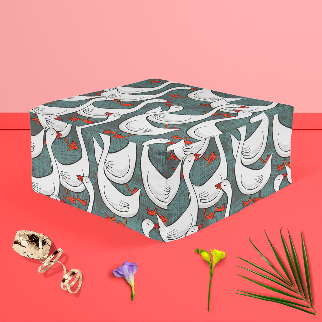 White Gooses Footstool Footrest Puffy Pouffe Ottoman Bean Bag | Canvas Fabric-Footstools-FST_CB_BN-IC 5007395 IC 5007395, Abstract Expressionism, Abstracts, Animals, Animated Cartoons, Art and Paintings, Birds, Black and White, Caricature, Cartoons, Culture, Digital, Digital Art, Drawing, Ethnic, Graphic, Illustrations, Patterns, Seasons, Semi Abstract, Traditional, Tribal, White, World Culture, gooses, footstool, footrest, puffy, pouffe, ottoman, bean, bag, canvas, fabric, pattern, goose, geese, animal, ab