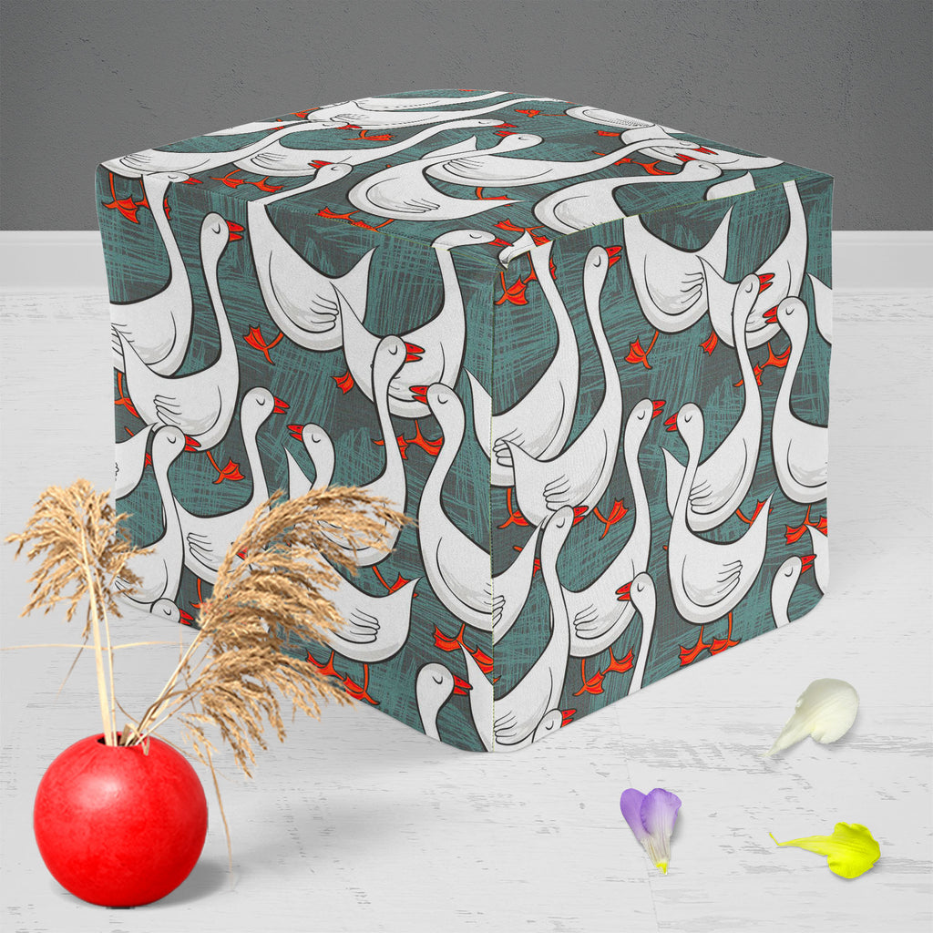 White Gooses Footstool Footrest Puffy Pouffe Ottoman Bean Bag | Canvas Fabric-Footstools-FST_CB_BN-IC 5007395 IC 5007395, Abstract Expressionism, Abstracts, Animals, Animated Cartoons, Art and Paintings, Birds, Black and White, Caricature, Cartoons, Culture, Digital, Digital Art, Drawing, Ethnic, Graphic, Illustrations, Patterns, Seasons, Semi Abstract, Traditional, Tribal, White, World Culture, gooses, footstool, footrest, puffy, pouffe, ottoman, bean, bag, canvas, fabric, pattern, goose, geese, animal, ab