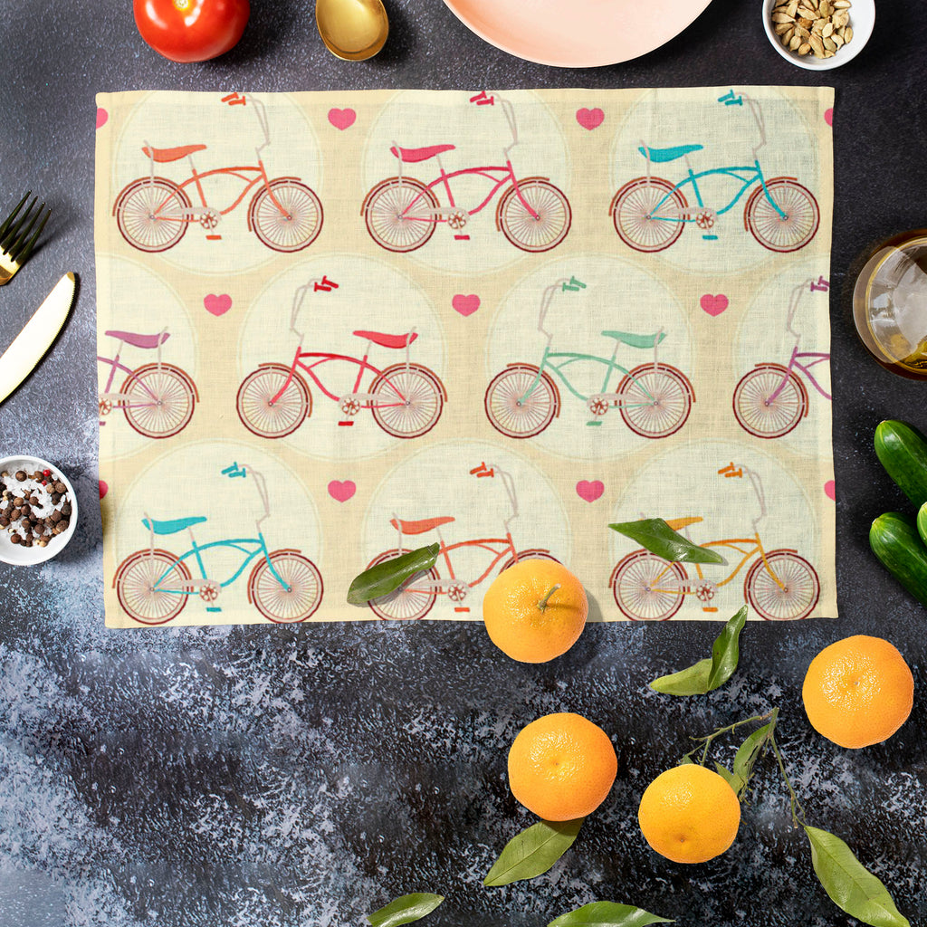 Bicycles & Pink Hearts Table Mat Placemat-Table Place Mats Fabric-MAT_TB-IC 5007446 IC 5007446, Abstract Expressionism, Abstracts, Ancient, Art and Paintings, Automobiles, Bikes, Hearts, Historical, Hobbies, Illustrations, Love, Medieval, Patterns, Retro, Romance, Semi Abstract, Signs, Signs and Symbols, Sports, Transportation, Travel, Vehicles, Vintage, bicycles, pink, table, mat, placemat, abstract, background, bicycle, bike, blue, classic, color, cute, cycle, design, fun, green, healthy, heart, hobby, il