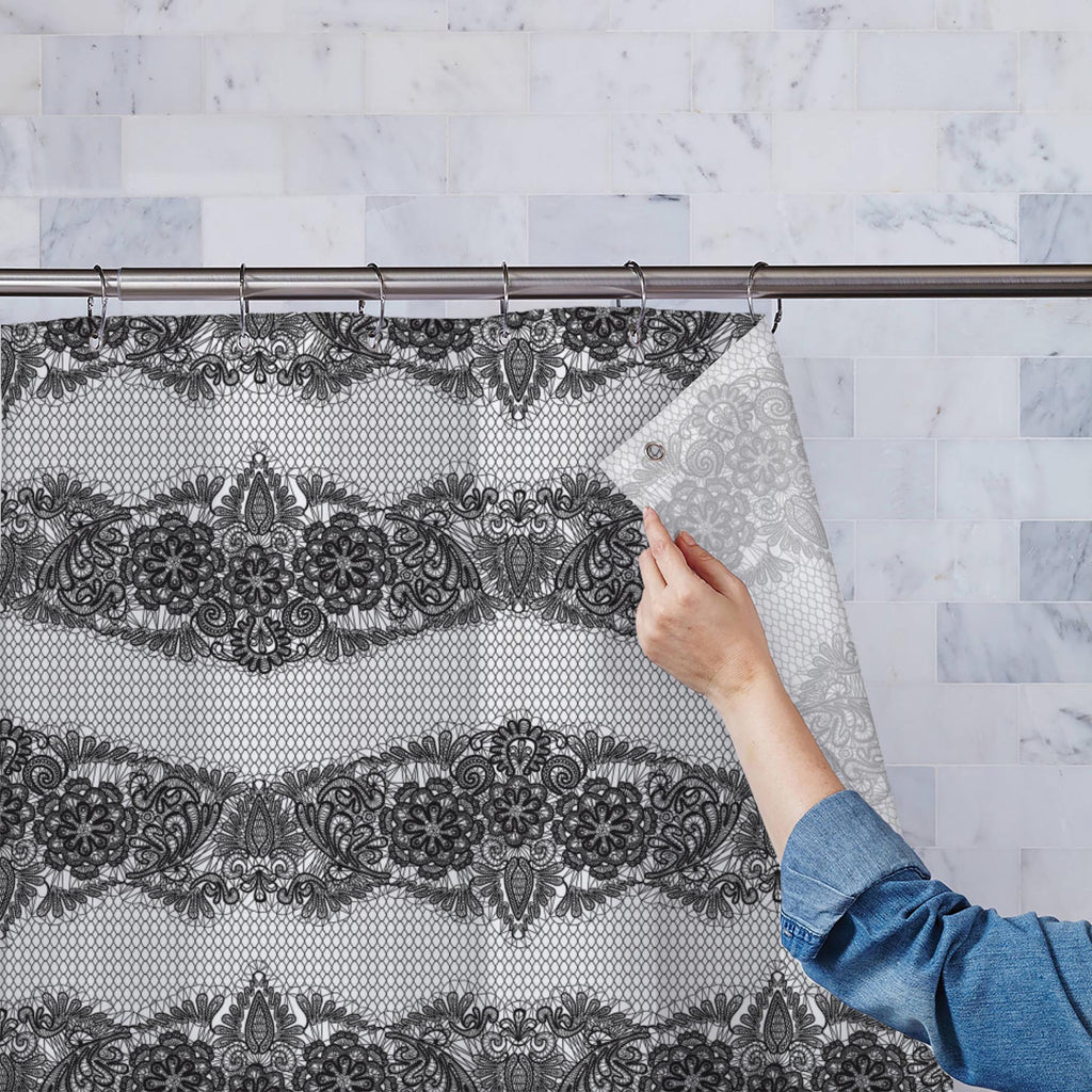 Black Lace Washable Waterproof Shower Curtain-Shower Curtains-CUR_SH-IC 5007455 IC 5007455, Ancient, Art and Paintings, Black, Black and White, Botanical, Culture, Decorative, Ethnic, Fashion, Floral, Flowers, Historical, Hobbies, Holidays, Illustrations, Medieval, Nature, Patterns, Retro, Signs, Signs and Symbols, Traditional, Tribal, Vintage, Wedding, White, World Culture, lace, washable, waterproof, shower, curtain, pattern, textures, embroidery, art, backdrop, background, classic, craft, crochet, curve,
