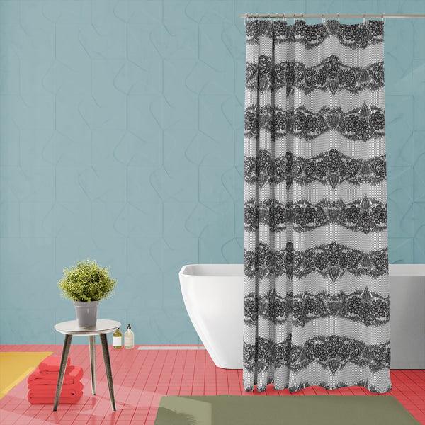 Black Lace Washable Waterproof Shower Curtain-Shower Curtains-CUR_SH-IC 5007455 IC 5007455, Ancient, Art and Paintings, Black, Black and White, Botanical, Culture, Decorative, Ethnic, Fashion, Floral, Flowers, Historical, Hobbies, Holidays, Illustrations, Medieval, Nature, Patterns, Retro, Signs, Signs and Symbols, Traditional, Tribal, Vintage, Wedding, White, World Culture, lace, washable, waterproof, polyester, shower, curtain, eyelets, pattern, textures, embroidery, art, backdrop, background, classic, cr