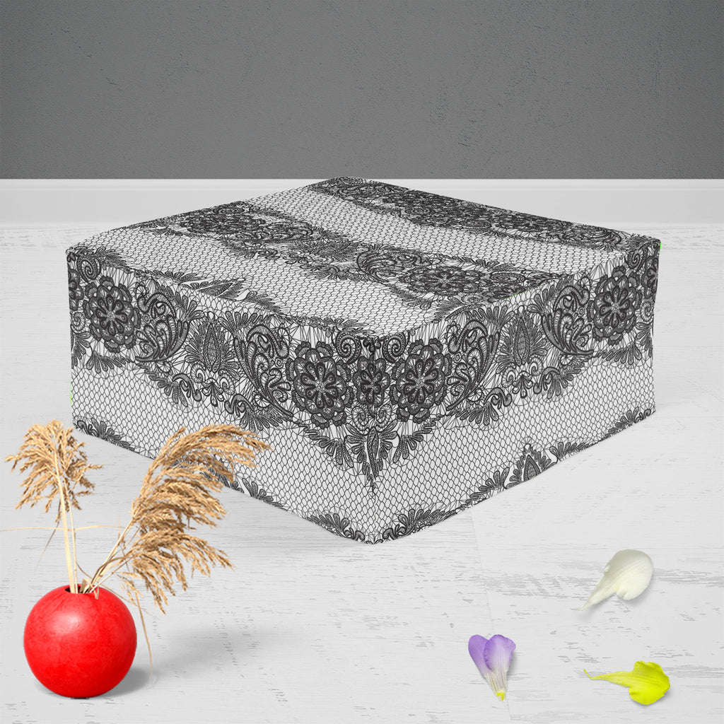 Black Lace Footstool Footrest Puffy Pouffe Ottoman Bean Bag | Canvas Fabric-Footstools-FST_CB_BN-IC 5007455 IC 5007455, Ancient, Art and Paintings, Black, Black and White, Botanical, Culture, Decorative, Ethnic, Fashion, Floral, Flowers, Historical, Hobbies, Holidays, Illustrations, Medieval, Nature, Patterns, Retro, Signs, Signs and Symbols, Traditional, Tribal, Vintage, Wedding, White, World Culture, lace, footstool, footrest, puffy, pouffe, ottoman, bean, bag, canvas, fabric, pattern, textures, embroider
