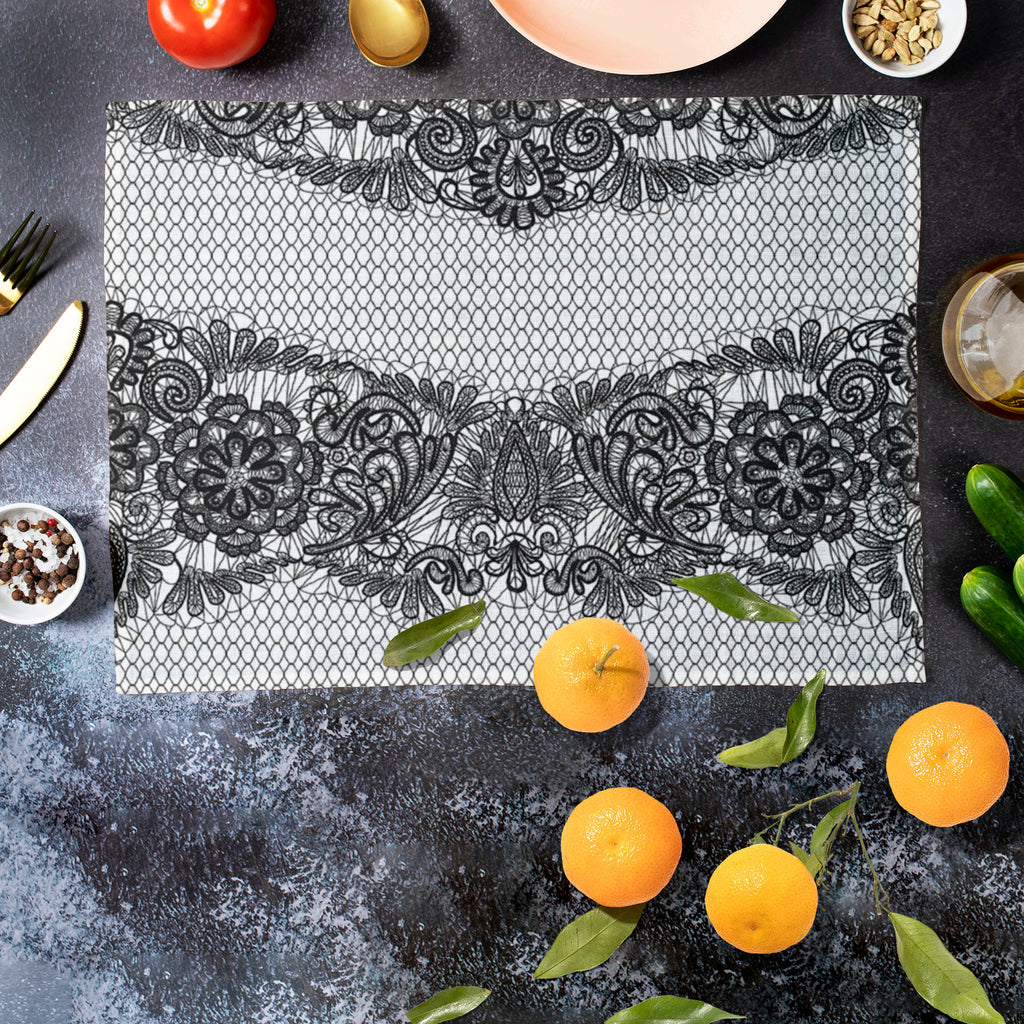 Black Lace Table Mat Placemat-Table Place Mats Fabric-MAT_TB-IC 5007455 IC 5007455, Ancient, Art and Paintings, Black, Black and White, Botanical, Culture, Decorative, Ethnic, Fashion, Floral, Flowers, Historical, Hobbies, Holidays, Illustrations, Medieval, Nature, Patterns, Retro, Signs, Signs and Symbols, Traditional, Tribal, Vintage, Wedding, White, World Culture, lace, table, mat, placemat, pattern, textures, embroidery, art, backdrop, background, classic, craft, crochet, curve, deco, decor, decoration,