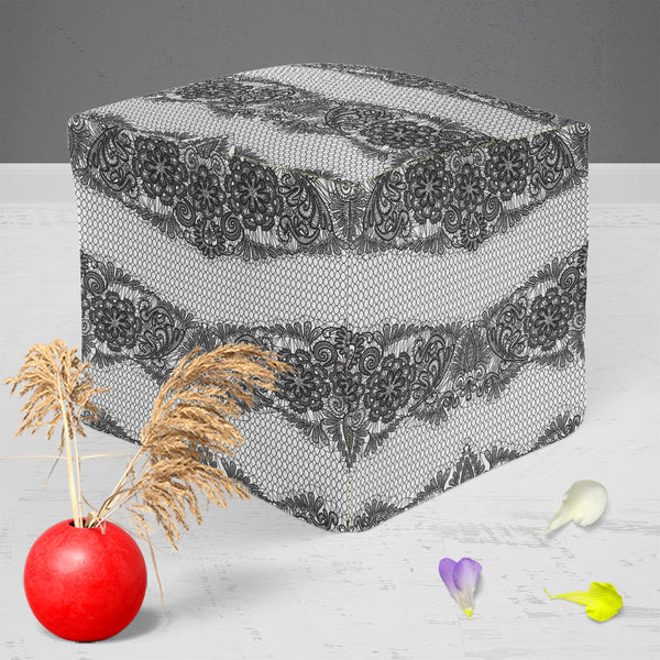 Black Lace Footstool Footrest Puffy Pouffe Ottoman Bean Bag | Canvas Fabric-Footstools-FST_CB_BN-IC 5007455 IC 5007455, Ancient, Art and Paintings, Black, Black and White, Botanical, Culture, Decorative, Ethnic, Fashion, Floral, Flowers, Historical, Hobbies, Holidays, Illustrations, Medieval, Nature, Patterns, Retro, Signs, Signs and Symbols, Traditional, Tribal, Vintage, Wedding, White, World Culture, lace, puffy, pouffe, ottoman, footstool, footrest, bean, bag, canvas, fabric, pattern, textures, embroider