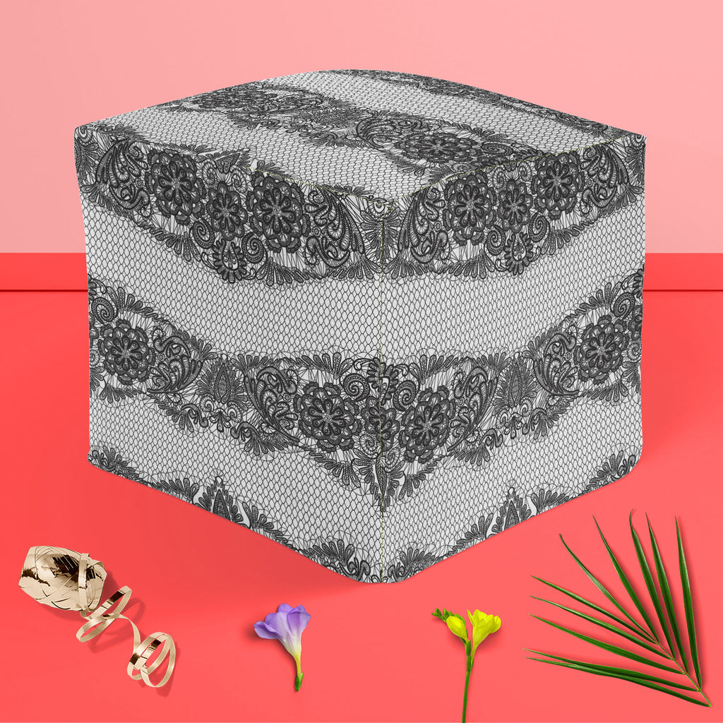 Black Lace Footstool Footrest Puffy Pouffe Ottoman Bean Bag | Canvas Fabric-Footstools-FST_CB_BN-IC 5007455 IC 5007455, Ancient, Art and Paintings, Black, Black and White, Botanical, Culture, Decorative, Ethnic, Fashion, Floral, Flowers, Historical, Hobbies, Holidays, Illustrations, Medieval, Nature, Patterns, Retro, Signs, Signs and Symbols, Traditional, Tribal, Vintage, Wedding, White, World Culture, lace, footstool, footrest, puffy, pouffe, ottoman, bean, bag, canvas, fabric, pattern, textures, embroider