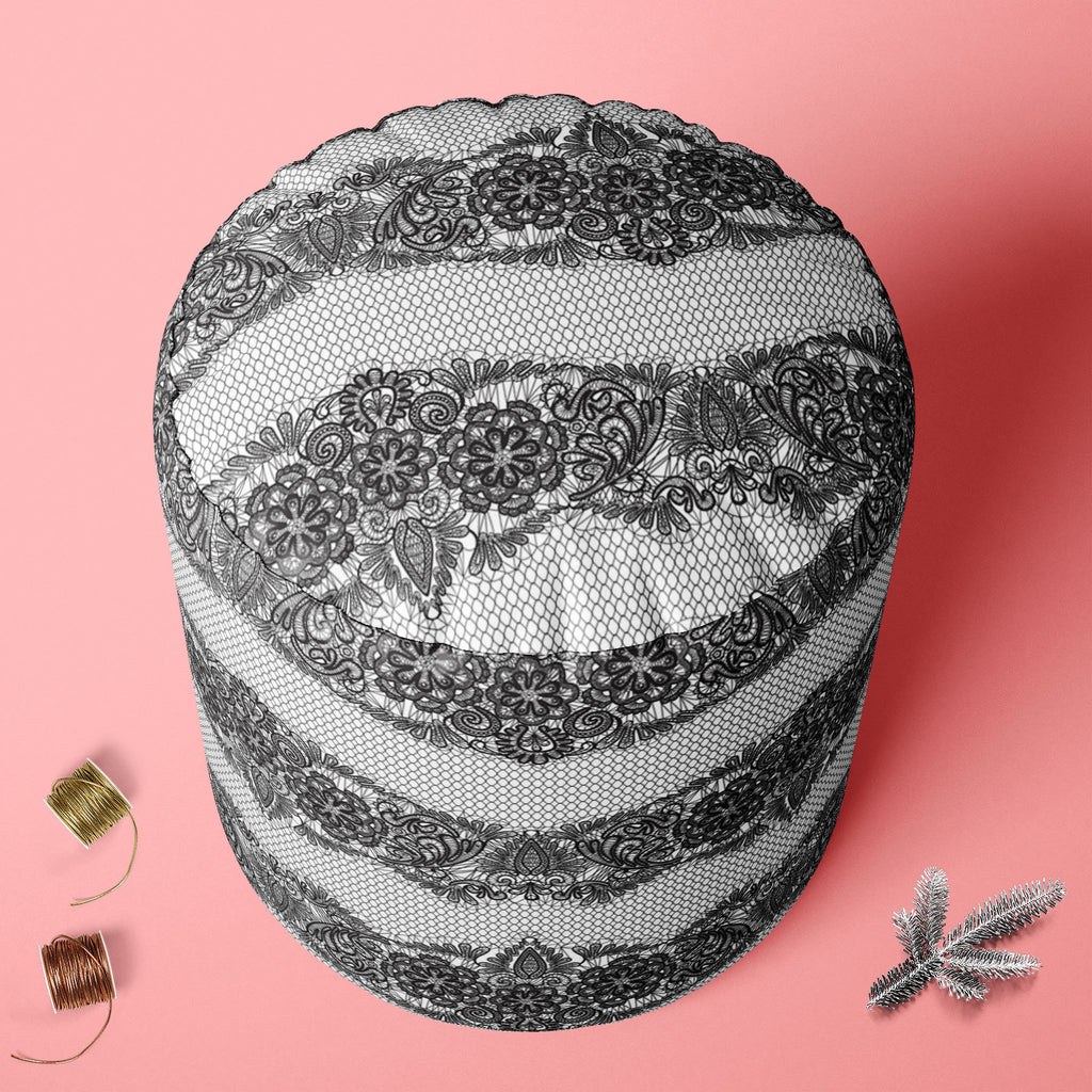 Black Lace Footstool Footrest Puffy Pouffe Ottoman Bean Bag | Canvas Fabric-Footstools-FST_CB_BN-IC 5007455 IC 5007455, Ancient, Art and Paintings, Black, Black and White, Botanical, Culture, Decorative, Ethnic, Fashion, Floral, Flowers, Historical, Hobbies, Holidays, Illustrations, Medieval, Nature, Patterns, Retro, Signs, Signs and Symbols, Traditional, Tribal, Vintage, Wedding, White, World Culture, lace, footstool, footrest, puffy, pouffe, ottoman, bean, bag, canvas, fabric, pattern, textures, embroider