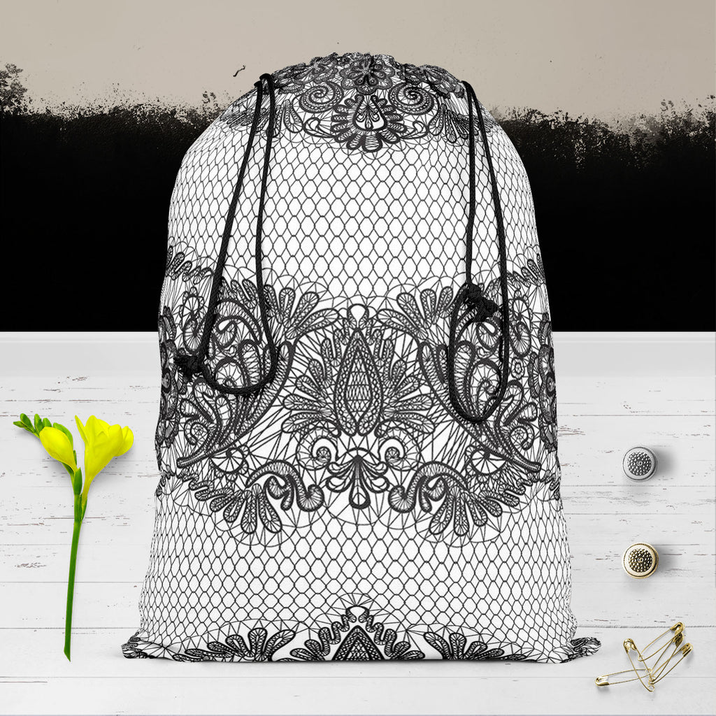 Black Lace Reusable Sack Bag | Bag for Gym, Storage, Vegetable & Travel-Drawstring Sack Bags-SCK_FB_DS-IC 5007455 IC 5007455, Ancient, Art and Paintings, Black, Black and White, Botanical, Culture, Decorative, Ethnic, Fashion, Floral, Flowers, Historical, Hobbies, Holidays, Illustrations, Medieval, Nature, Patterns, Retro, Signs, Signs and Symbols, Traditional, Tribal, Vintage, Wedding, White, World Culture, lace, reusable, sack, bag, for, gym, storage, vegetable, travel, pattern, textures, embroidery, art,