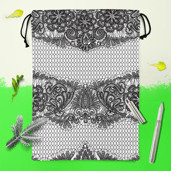 Black Lace Reusable Sack Bag | Bag for Gym, Storage, Vegetable & Travel-Drawstring Sack Bags-SCK_FB_DS-IC 5007455 IC 5007455, Ancient, Art and Paintings, Black, Black and White, Botanical, Culture, Decorative, Ethnic, Fashion, Floral, Flowers, Historical, Hobbies, Holidays, Illustrations, Medieval, Nature, Patterns, Retro, Signs, Signs and Symbols, Traditional, Tribal, Vintage, Wedding, White, World Culture, lace, reusable, sack, bag, for, gym, storage, vegetable, travel, cotton, canvas, fabric, pattern, te