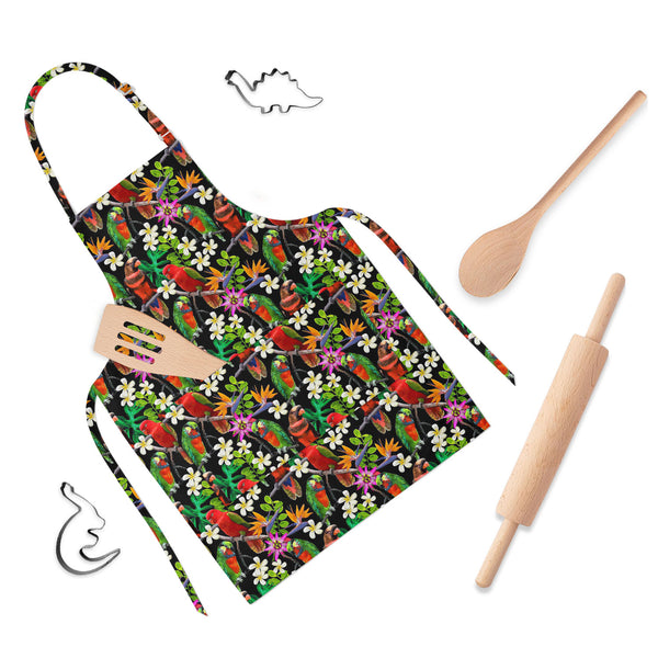 Exotic Birds & Beautiful Flowers Apron | Adjustable, Free Size & Waist Tiebacks-Aprons Neck to Knee-APR_NK_KN-IC 5007520 IC 5007520, African, Animals, Art and Paintings, Birds, Black and White, Botanical, Drawing, Fashion, Floral, Flowers, Nature, Paintings, Patterns, Pets, Scenic, Signs, Signs and Symbols, Tropical, White, Wildlife, exotic, beautiful, full-length, apron, poly-cotton, fabric, adjustable, neck, buckle, waist, tiebacks, parrot, bird, parrots, jungle, seamless, africa, animal, art, blue, branc