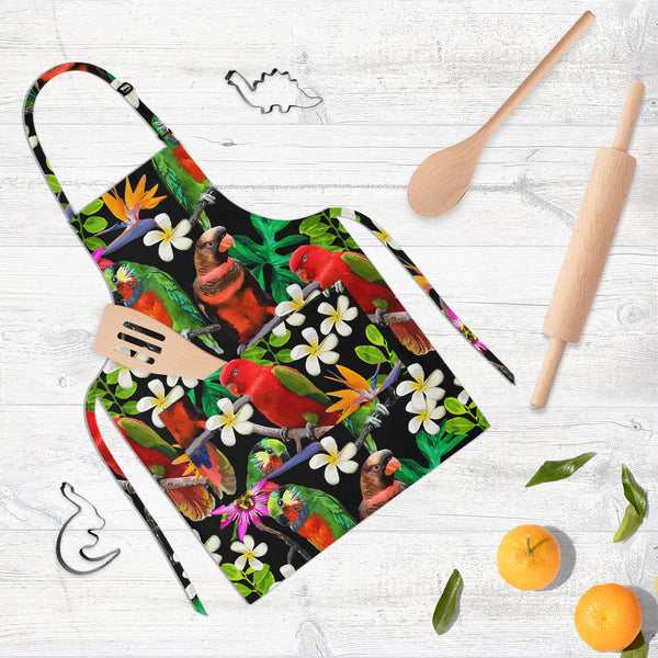 Exotic Birds & Beautiful Flowers D1 Apron | Adjustable, Free Size & Waist Tiebacks-Aprons Neck to Knee-APR_NK_KN-IC 5007520 IC 5007520, African, Animals, Art and Paintings, Birds, Black and White, Botanical, Drawing, Fashion, Floral, Flowers, Nature, Paintings, Patterns, Pets, Scenic, Signs, Signs and Symbols, Tropical, White, Wildlife, exotic, beautiful, d1, full-length, neck, to, knee, apron, poly-cotton, fabric, adjustable, buckle, waist, tiebacks, parrot, bird, parrots, jungle, seamless, africa, animal,