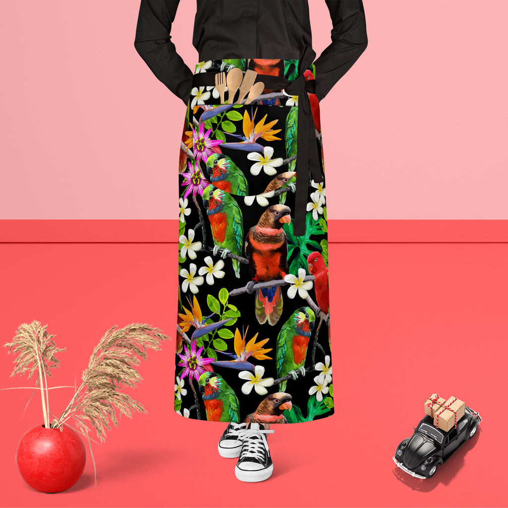 Exotic Birds & Beautiful Flowers D1 Apron | Adjustable, Free Size & Waist Tiebacks-Aprons Waist to Feet-APR_WS_FT-IC 5007520 IC 5007520, African, Animals, Art and Paintings, Birds, Black and White, Botanical, Drawing, Fashion, Floral, Flowers, Nature, Paintings, Patterns, Pets, Scenic, Signs, Signs and Symbols, Tropical, White, Wildlife, exotic, beautiful, d1, apron, adjustable, free, size, waist, tiebacks, parrot, bird, parrots, jungle, seamless, africa, animal, art, blue, branch, brazil, bright, color, co