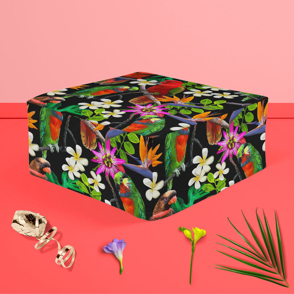 Exotic Birds & Beautiful Flowers D1 Footstool Footrest Puffy Pouffe Ottoman Bean Bag | Canvas Fabric-Footstools-FST_CB_BN-IC 5007520 IC 5007520, African, Animals, Art and Paintings, Birds, Black and White, Botanical, Drawing, Fashion, Floral, Flowers, Nature, Paintings, Patterns, Pets, Scenic, Signs, Signs and Symbols, Tropical, White, Wildlife, exotic, beautiful, d1, footstool, footrest, puffy, pouffe, ottoman, bean, bag, canvas, fabric, parrot, bird, parrots, jungle, seamless, africa, animal, art, blue, b