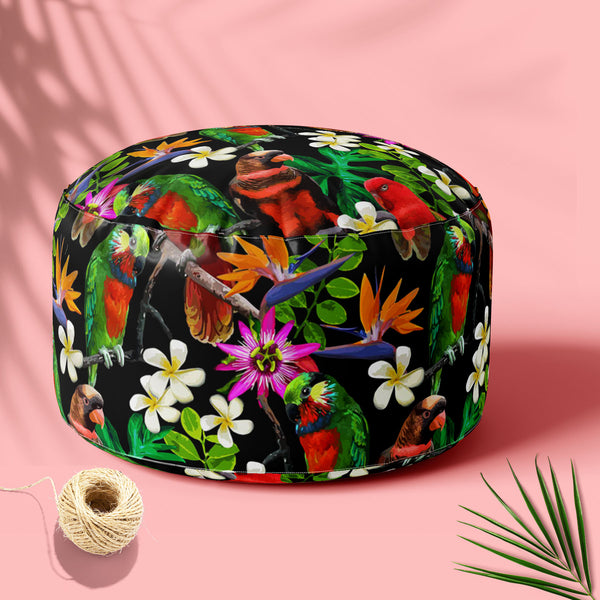 Exotic Birds & Beautiful Flowers D1 Footstool Footrest Puffy Pouffe Ottoman Bean Bag | Canvas Fabric-Footstools-FST_CB_BN-IC 5007520 IC 5007520, African, Animals, Art and Paintings, Birds, Black and White, Botanical, Drawing, Fashion, Floral, Flowers, Nature, Paintings, Patterns, Pets, Scenic, Signs, Signs and Symbols, Tropical, White, Wildlife, exotic, beautiful, d1, footstool, footrest, puffy, pouffe, ottoman, bean, bag, floor, cushion, pillow, canvas, fabric, parrot, bird, parrots, jungle, seamless, afri