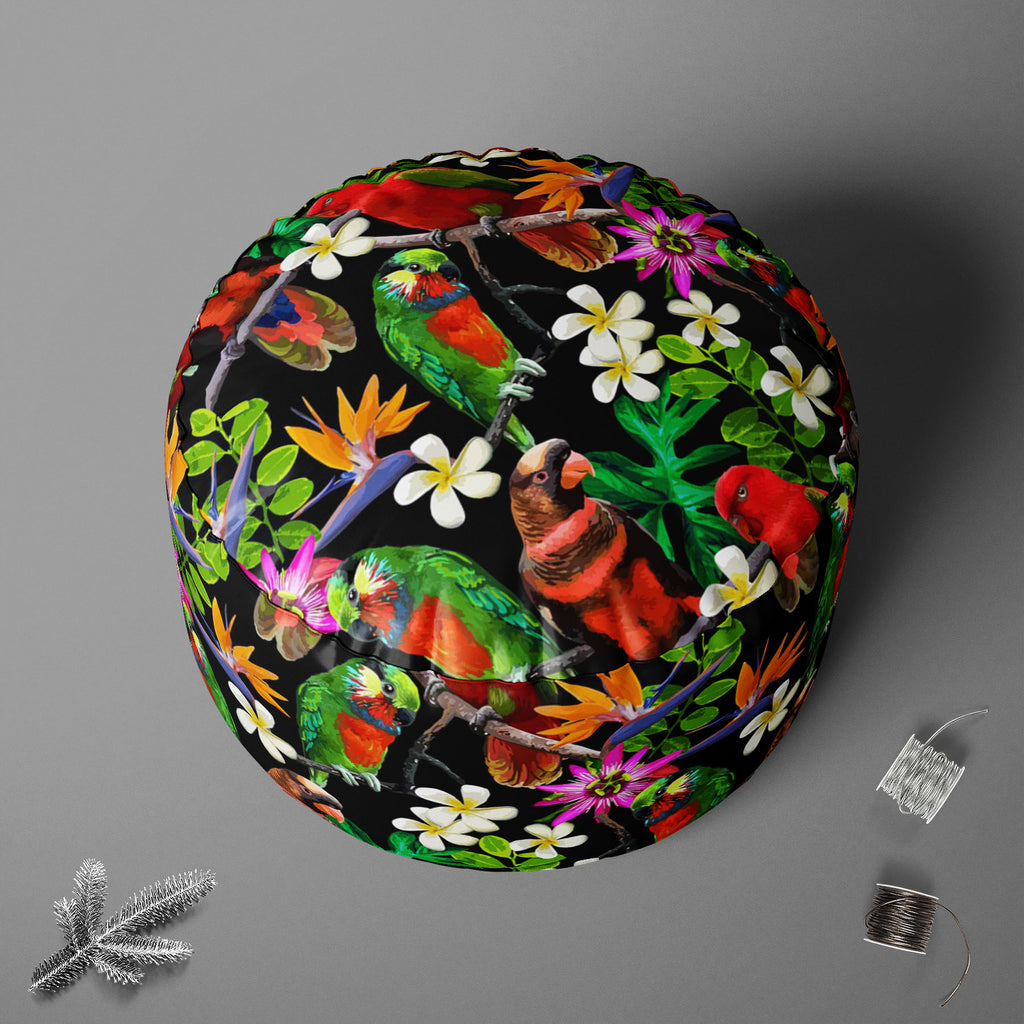 Exotic Birds & Beautiful Flowers D1 Footstool Footrest Puffy Pouffe Ottoman Bean Bag | Canvas Fabric-Footstools-FST_CB_BN-IC 5007520 IC 5007520, African, Animals, Art and Paintings, Birds, Black and White, Botanical, Drawing, Fashion, Floral, Flowers, Nature, Paintings, Patterns, Pets, Scenic, Signs, Signs and Symbols, Tropical, White, Wildlife, exotic, beautiful, d1, footstool, footrest, puffy, pouffe, ottoman, bean, bag, canvas, fabric, parrot, bird, parrots, jungle, seamless, africa, animal, art, blue, b