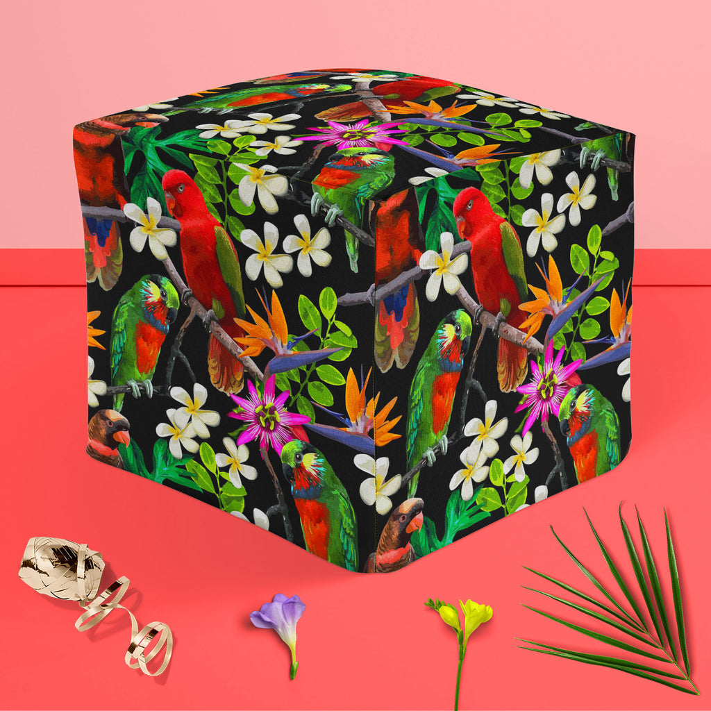 Exotic Birds & Beautiful Flowers D1 Footstool Footrest Puffy Pouffe Ottoman Bean Bag | Canvas Fabric-Footstools-FST_CB_BN-IC 5007520 IC 5007520, African, Animals, Art and Paintings, Birds, Black and White, Botanical, Drawing, Fashion, Floral, Flowers, Nature, Paintings, Patterns, Pets, Scenic, Signs, Signs and Symbols, Tropical, White, Wildlife, exotic, beautiful, d1, footstool, footrest, puffy, pouffe, ottoman, bean, bag, canvas, fabric, parrot, bird, parrots, jungle, seamless, africa, animal, art, blue, b