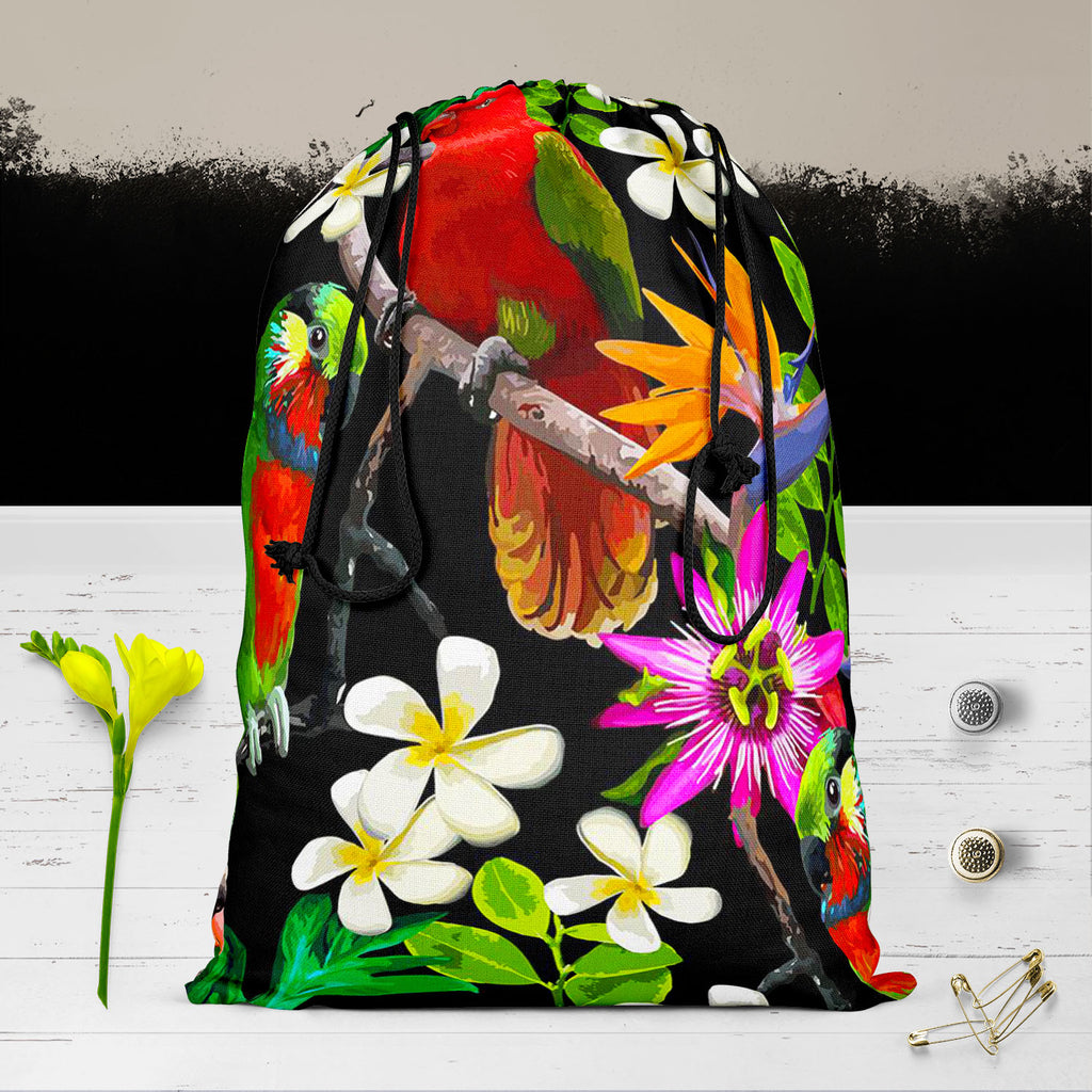 Exotic Birds & Beautiful Flowers D1 Reusable Sack Bag | Bag for Gym, Storage, Vegetable & Travel-Drawstring Sack Bags-SCK_FB_DS-IC 5007520 IC 5007520, African, Animals, Art and Paintings, Birds, Black and White, Botanical, Drawing, Fashion, Floral, Flowers, Nature, Paintings, Patterns, Pets, Scenic, Signs, Signs and Symbols, Tropical, White, Wildlife, exotic, beautiful, d1, reusable, sack, bag, for, gym, storage, vegetable, travel, parrot, bird, parrots, jungle, seamless, africa, animal, art, blue, branch, 
