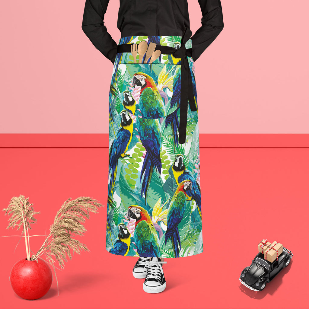 Exotic Birds & Beautiful Flowers D2 Apron | Adjustable, Free Size & Waist Tiebacks-Aprons Waist to Feet-APR_WS_FT-IC 5007552 IC 5007552, Animals, Art and Paintings, Birds, Black and White, Botanical, Drawing, Fashion, Floral, Flowers, Illustrations, Love, Nature, Patterns, Pets, Romance, Scenic, Signs, Signs and Symbols, Tropical, White, Wildlife, exotic, beautiful, d2, apron, adjustable, free, size, waist, tiebacks, pattern, parrot, jungle, bird, brazil, parrots, macaw, illustration, flower, seamless, back