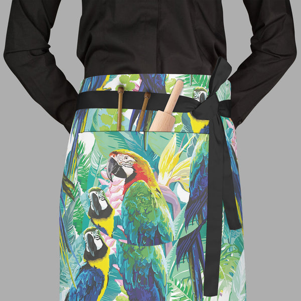 Exotic Birds & Beautiful Flowers D2 Apron | Adjustable, Free Size & Waist Tiebacks-Aprons Waist to Feet-APR_WS_FT-IC 5007552 IC 5007552, Animals, Art and Paintings, Birds, Black and White, Botanical, Drawing, Fashion, Floral, Flowers, Illustrations, Love, Nature, Patterns, Pets, Romance, Scenic, Signs, Signs and Symbols, Tropical, White, Wildlife, exotic, beautiful, d2, full-length, waist, to, feet, apron, poly-cotton, fabric, adjustable, tiebacks, pattern, parrot, jungle, bird, brazil, parrots, macaw, illu