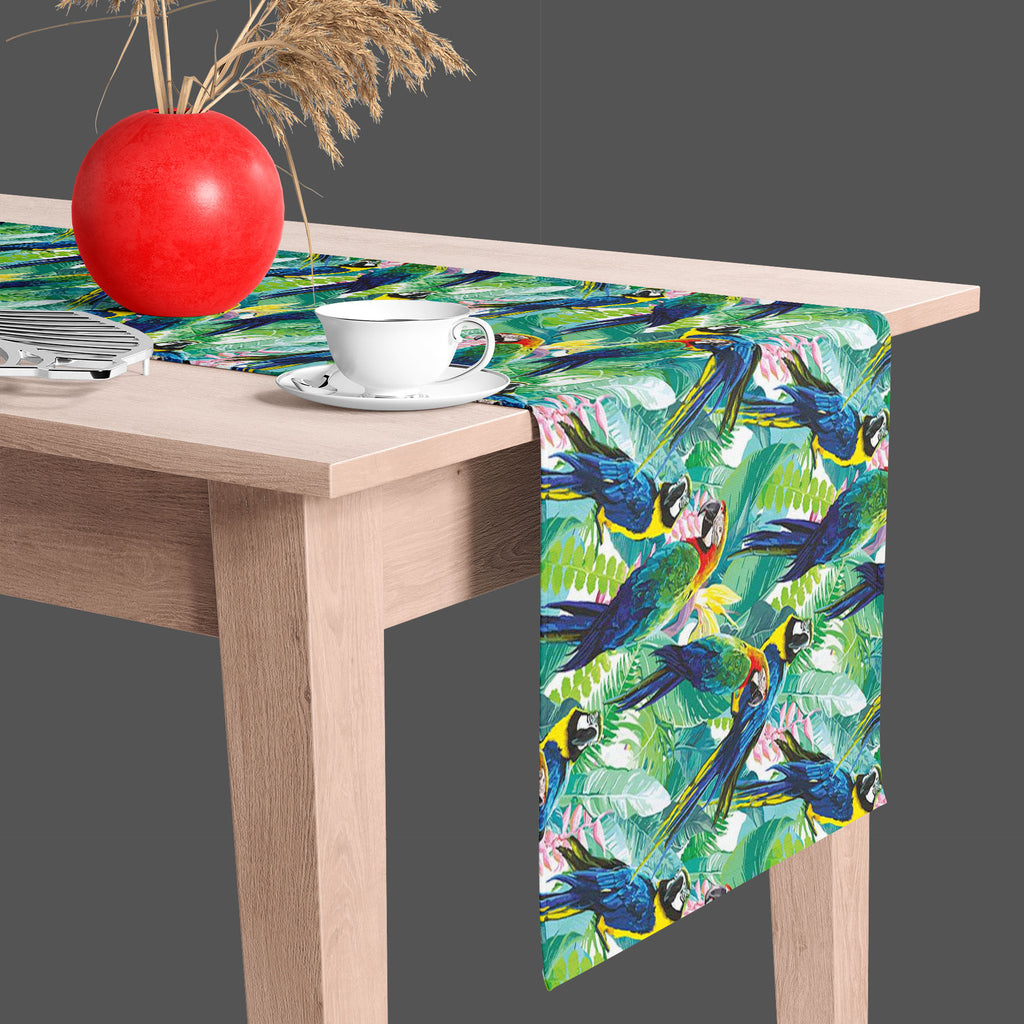 Exotic Birds & Beautiful Flowers D2 Table Runner-Table Runners-RUN_TB-IC 5007552 IC 5007552, Animals, Art and Paintings, Birds, Black and White, Botanical, Drawing, Fashion, Floral, Flowers, Illustrations, Love, Nature, Patterns, Pets, Romance, Scenic, Signs, Signs and Symbols, Tropical, White, Wildlife, exotic, beautiful, d2, table, runner, pattern, parrot, jungle, bird, brazil, parrots, macaw, illustration, flower, seamless, background, forest, animal, leaves, print, art, blue, bright, color, colorful, co