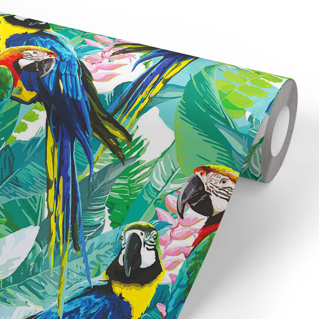 Exotic Birds & Beautiful Flowers Wallpaper Roll-Wallpapers Peel & Stick-WAL_PA-IC 5007552 IC 5007552, Animals, Art and Paintings, Birds, Black and White, Botanical, Drawing, Fashion, Floral, Flowers, Illustrations, Love, Nature, Patterns, Pets, Romance, Scenic, Signs, Signs and Symbols, Tropical, White, Wildlife, exotic, beautiful, wallpaper, roll, pattern, parrot, jungle, bird, brazil, parrots, macaw, illustration, flower, seamless, background, forest, animal, leaves, print, art, blue, bright, color, color