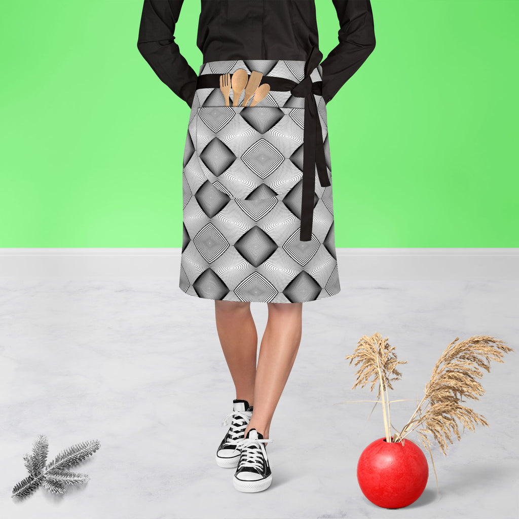 Monochrome Diamond D1 Apron | Adjustable, Free Size & Waist Tiebacks-Apron Waist to Knee-APR_WS_KN-IC 5007590 IC 5007590, Abstract Expressionism, Abstracts, Art and Paintings, Black, Black and White, Circle, Diamond, Digital, Digital Art, Geometric, Geometric Abstraction, Graphic, Grid Art, Illustrations, Modern Art, Patterns, Semi Abstract, Signs, Signs and Symbols, Stripes, White, monochrome, d1, apron, adjustable, free, size, waist, tiebacks, abstract, abstraction, art, background, circular, curve, desig