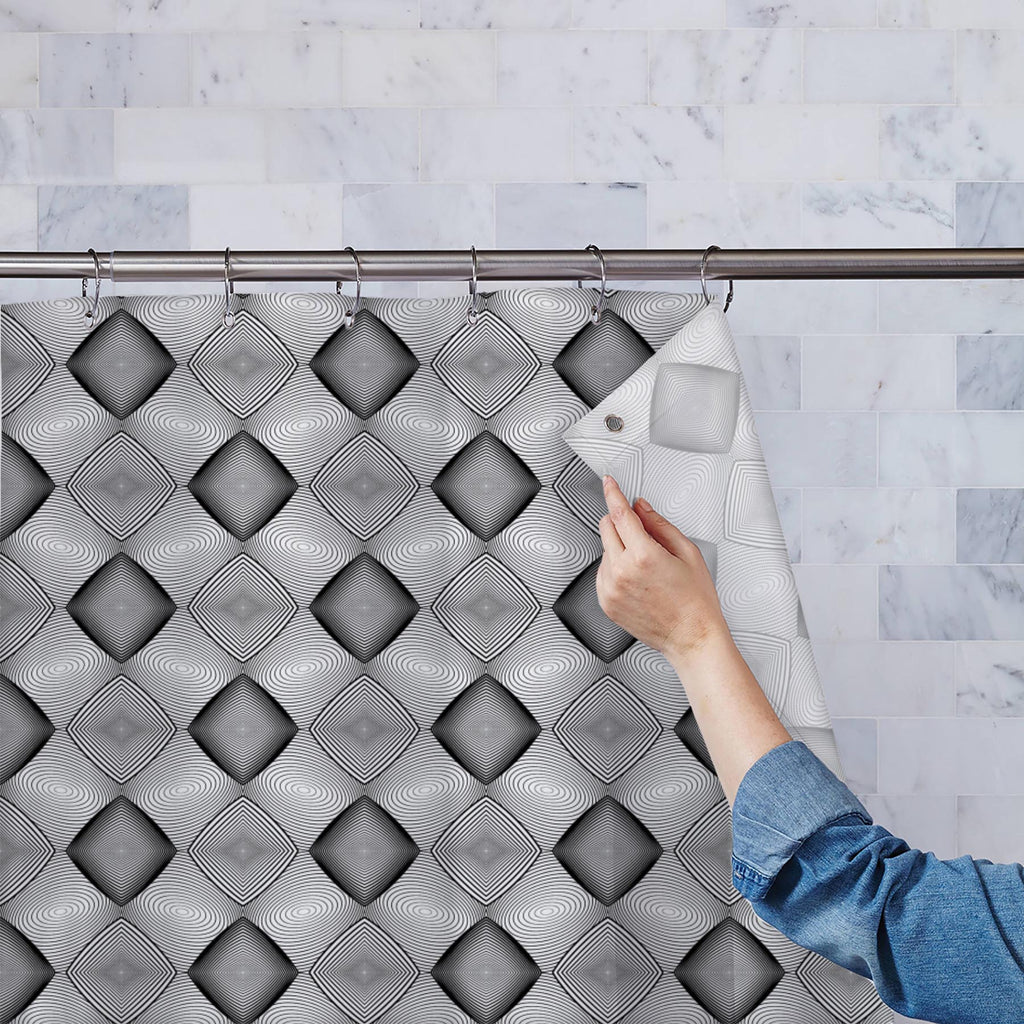 Monochrome Diamond D1 Washable Waterproof Shower Curtain-Shower Curtains-CUR_SH-IC 5007590 IC 5007590, Abstract Expressionism, Abstracts, Art and Paintings, Black, Black and White, Circle, Diamond, Digital, Digital Art, Geometric, Geometric Abstraction, Graphic, Grid Art, Illustrations, Modern Art, Patterns, Semi Abstract, Signs, Signs and Symbols, Stripes, White, monochrome, d1, washable, waterproof, shower, curtain, abstract, abstraction, art, background, circular, curve, design, diagonal, ellipse, endles