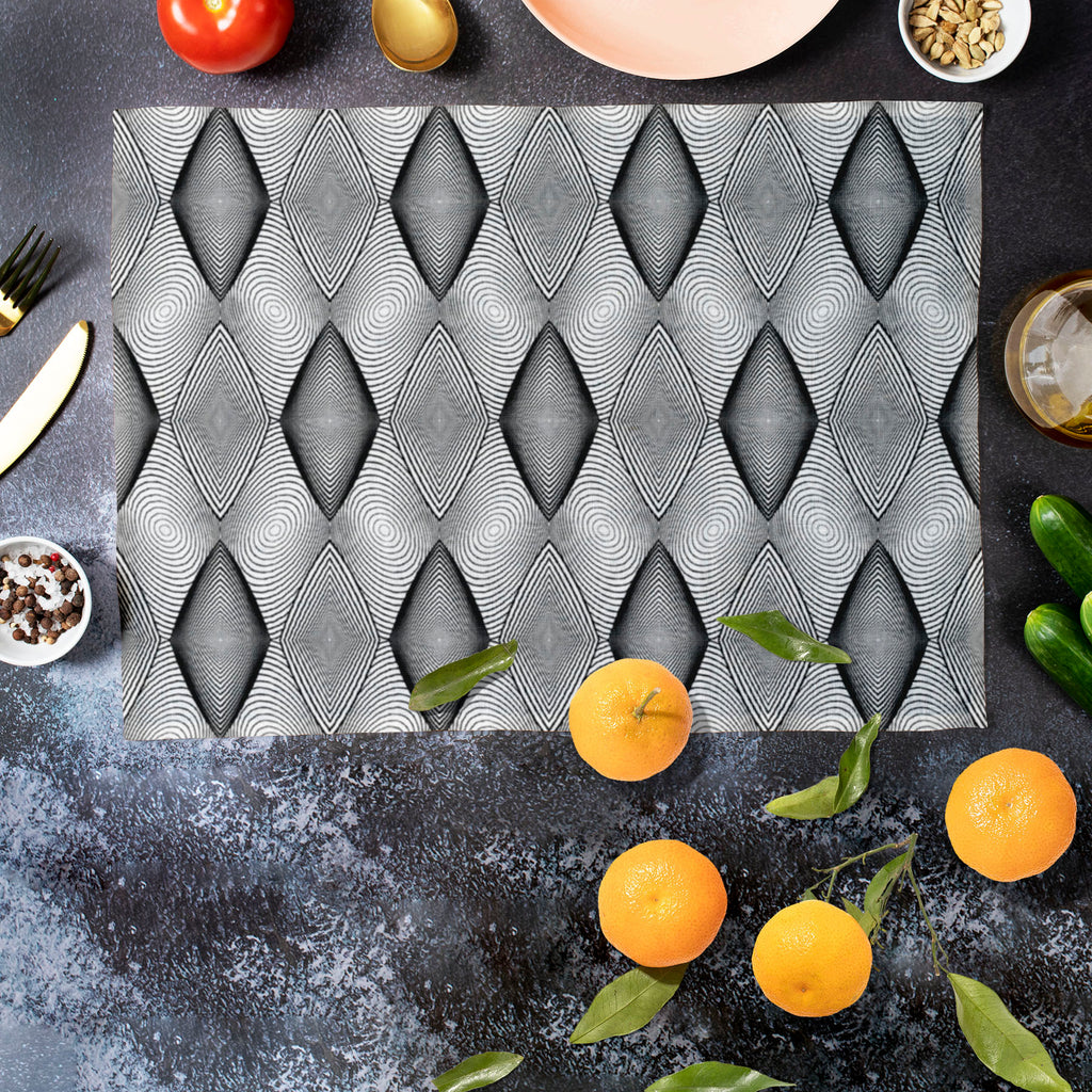 Monochrome Diamond D2 Table Mat Placemat-Table Place Mats Fabric-MAT_TB-IC 5007593 IC 5007593, Abstract Expressionism, Abstracts, Art and Paintings, Black, Black and White, Circle, Diamond, Digital, Digital Art, Geometric, Geometric Abstraction, Graphic, Grid Art, Illustrations, Modern Art, Patterns, Semi Abstract, Signs, Signs and Symbols, Stripes, White, monochrome, d2, table, mat, placemat, abstract, abstraction, art, background, circular, curve, design, diagonal, ellipse, endless, futuristic, geometrica
