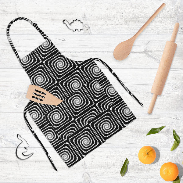 Monochrome Labyrinth Apron | Adjustable, Free Size & Waist Tiebacks-Aprons Neck to Knee-APR_NK_KN-IC 5007600 IC 5007600, Abstract Expressionism, Abstracts, Art and Paintings, Black, Black and White, Circle, Digital, Digital Art, Geometric, Geometric Abstraction, Graphic, Illustrations, Modern Art, Patterns, Semi Abstract, Signs, Signs and Symbols, Stripes, White, monochrome, labyrinth, full-length, neck, to, knee, apron, poly-cotton, fabric, adjustable, buckle, waist, tiebacks, abstract, abstraction, art, b