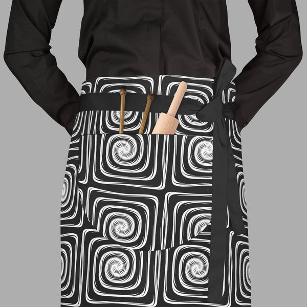 Monochrome Labyrinth Apron | Adjustable, Free Size & Waist Tiebacks-Aprons Waist to Feet-APR_WS_FT-IC 5007600 IC 5007600, Abstract Expressionism, Abstracts, Art and Paintings, Black, Black and White, Circle, Digital, Digital Art, Geometric, Geometric Abstraction, Graphic, Illustrations, Modern Art, Patterns, Semi Abstract, Signs, Signs and Symbols, Stripes, White, monochrome, labyrinth, full-length, waist, to, feet, apron, poly-cotton, fabric, adjustable, tiebacks, abstract, abstraction, art, background, ci